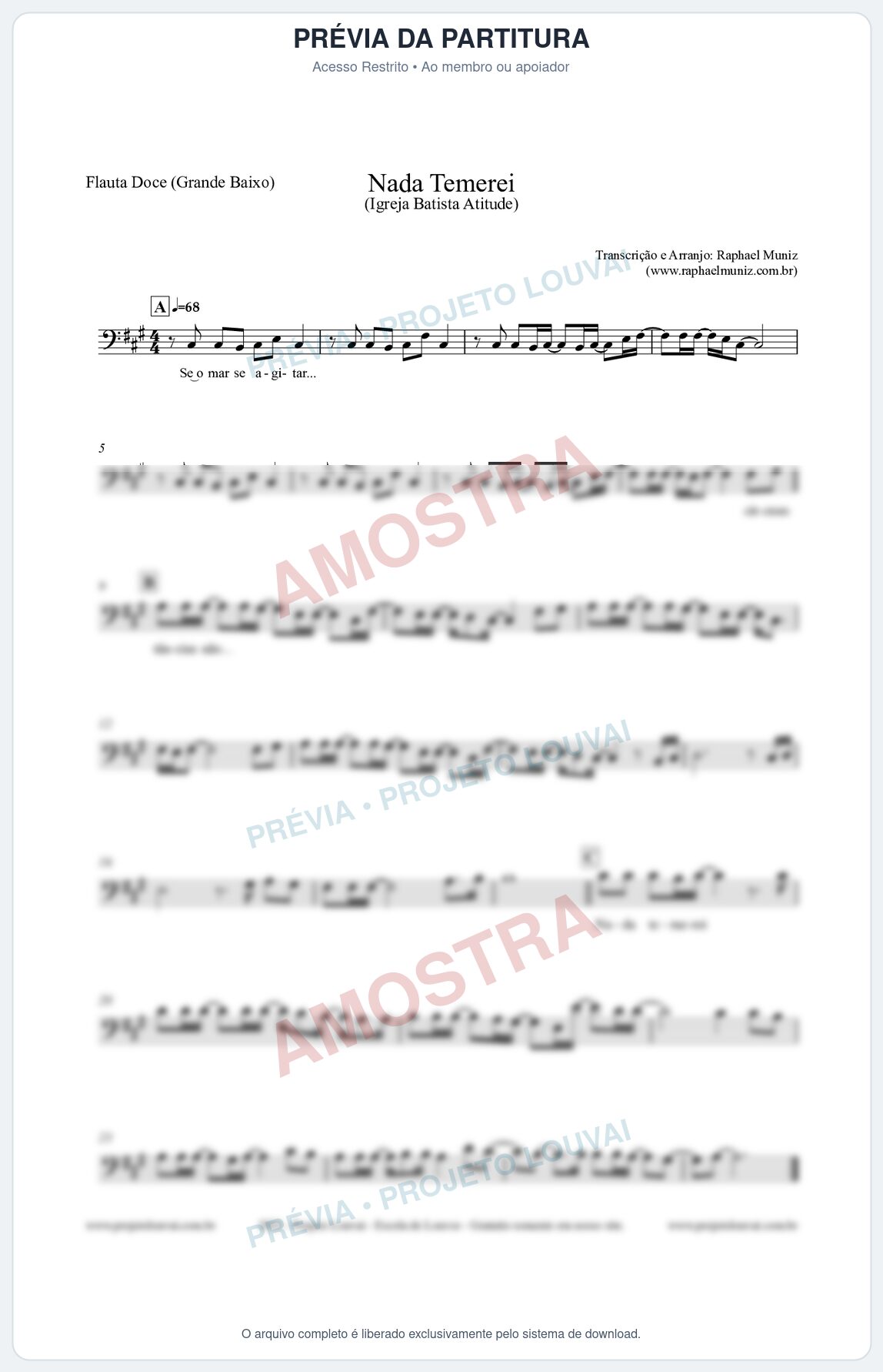 Prévia protegida da primeira página da partitura Partitura para Flauta Doce (Grande Baixo) - Nada Temerei - Igreja Batista Atitude