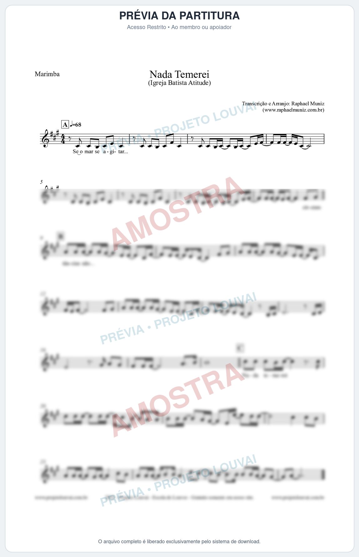 Prévia protegida da primeira página da partitura Partitura para Marimba - Nada Temerei - Igreja Batista Atitude