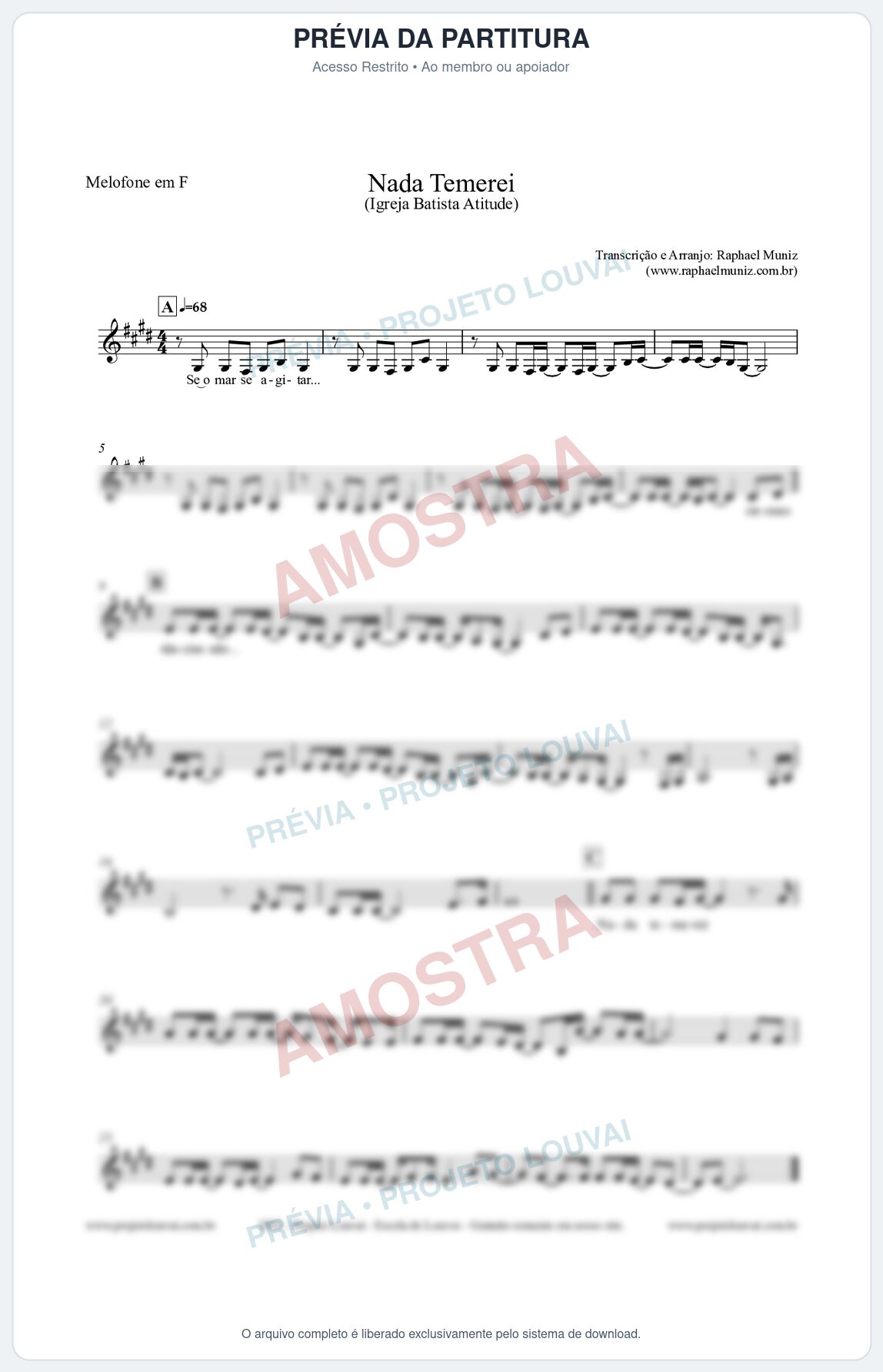 Prévia protegida da primeira página da partitura Partitura para Melofone em F - Nada Temerei - Igreja Batista Atitude