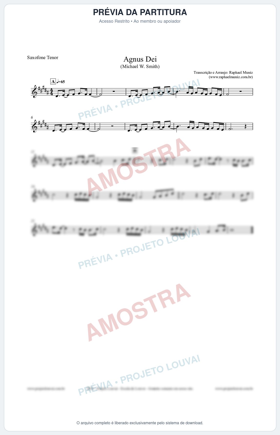 Prévia protegida da primeira página da partitura Partitura para Sax Tenor - Agnus Dei - Michael W. Smith