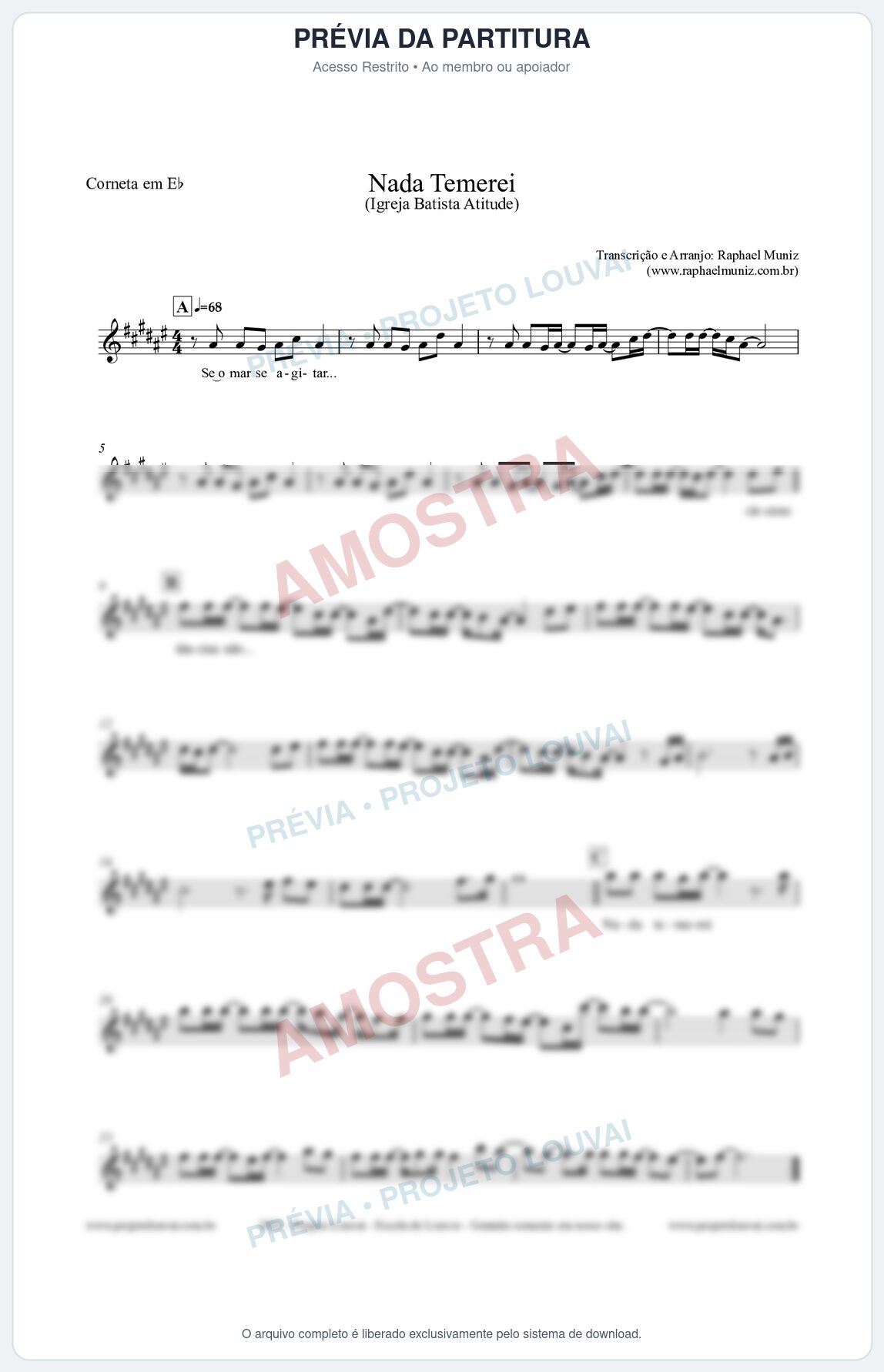 Prévia protegida da primeira página da partitura Partitura para Corneta em Eb - Nada Temerei - Igreja Batista Atitude