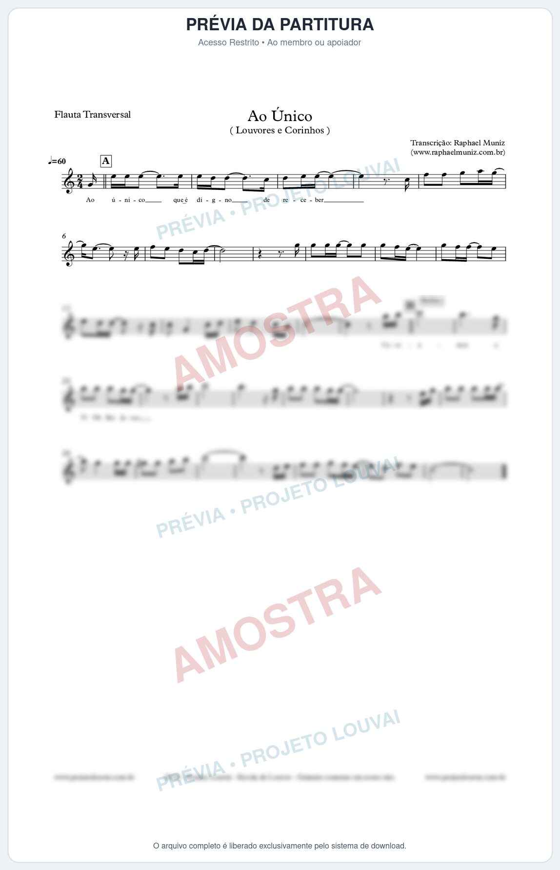 Prévia protegida da primeira página da partitura Partitura para Flauta Transversal - Ao Único - Louvores e Corinhos Gospel