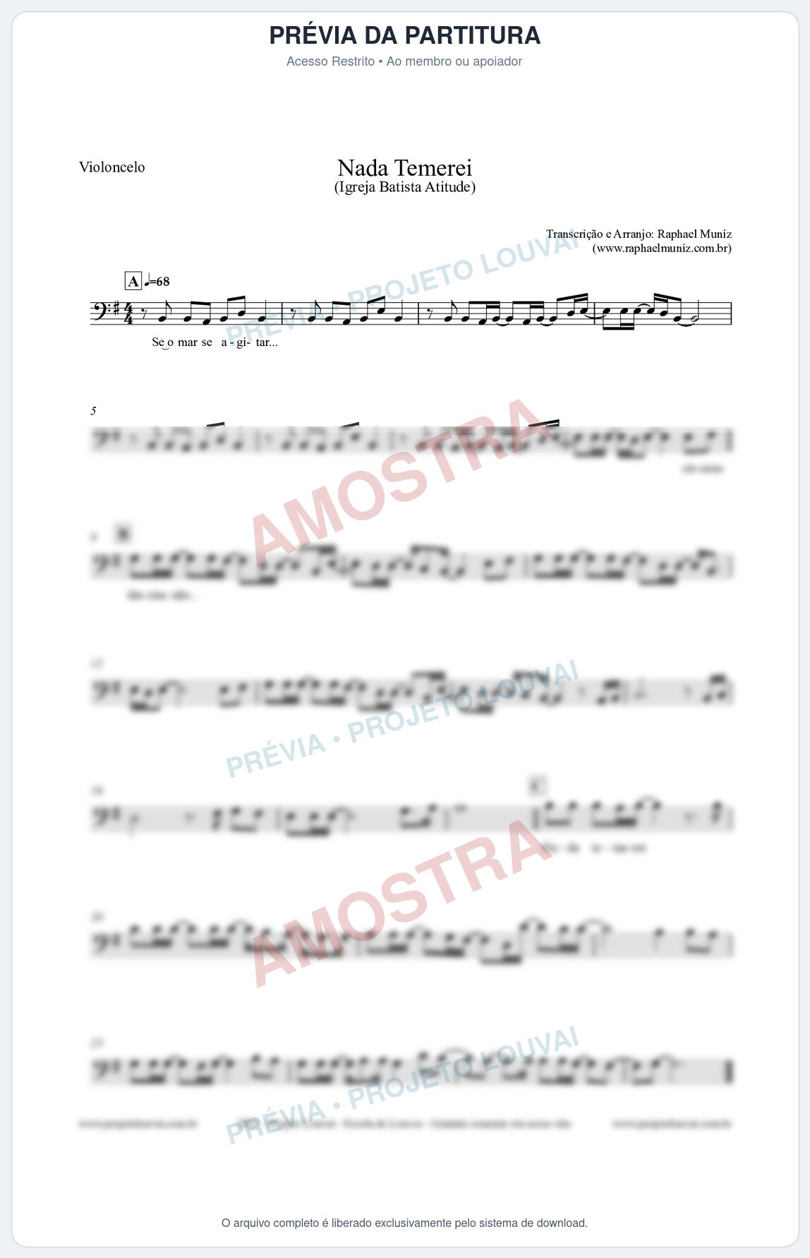 Prévia protegida da primeira página da partitura Partitura para Violoncelo - Nada Temerei - Igreja Batista Atitude