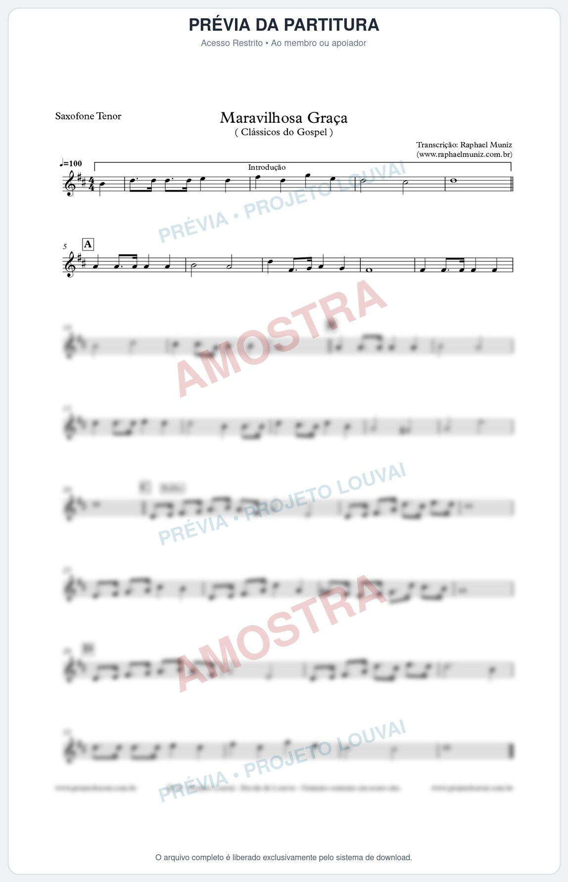 Prévia protegida da primeira página da partitura Partitura para Sax Tenor - Maravilhosa Graça - Clássicos do Gospel