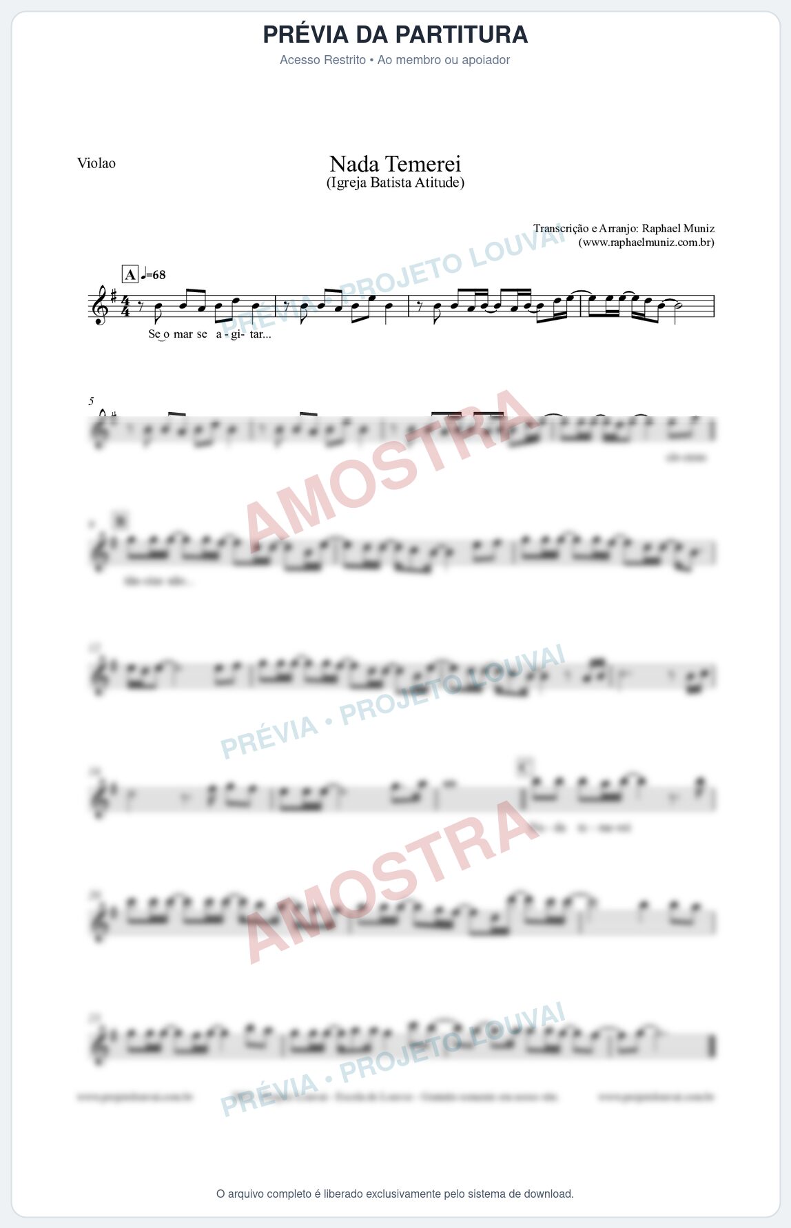Prévia protegida da primeira página da partitura Partitura para Violão - Nada Temerei - Igreja Batista Atitude