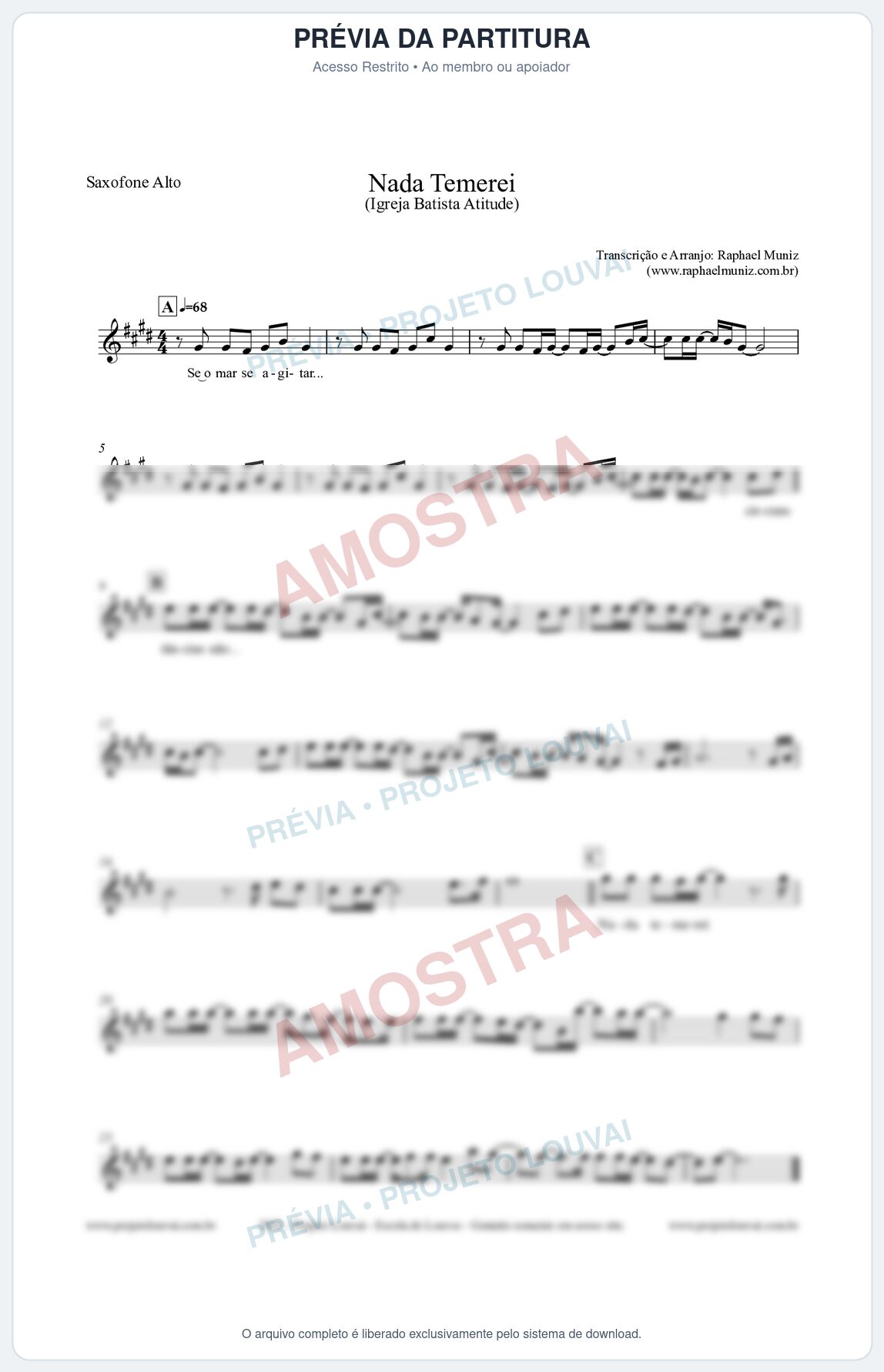 Prévia protegida da primeira página da partitura Partitura para Saxofone Alto - Nada Temerei - Igreja Batista Atitude
