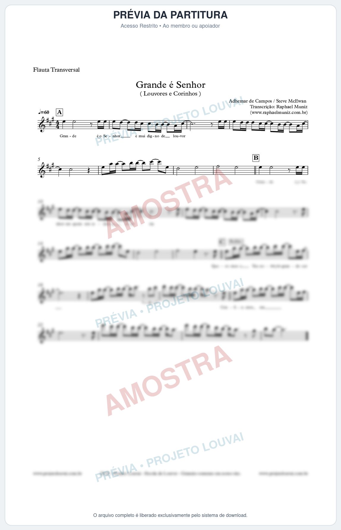 Prévia protegida da primeira página da partitura Partitura para Flauta Transversal - Grande é o Senhor - Louvores e Corinhos Gospel