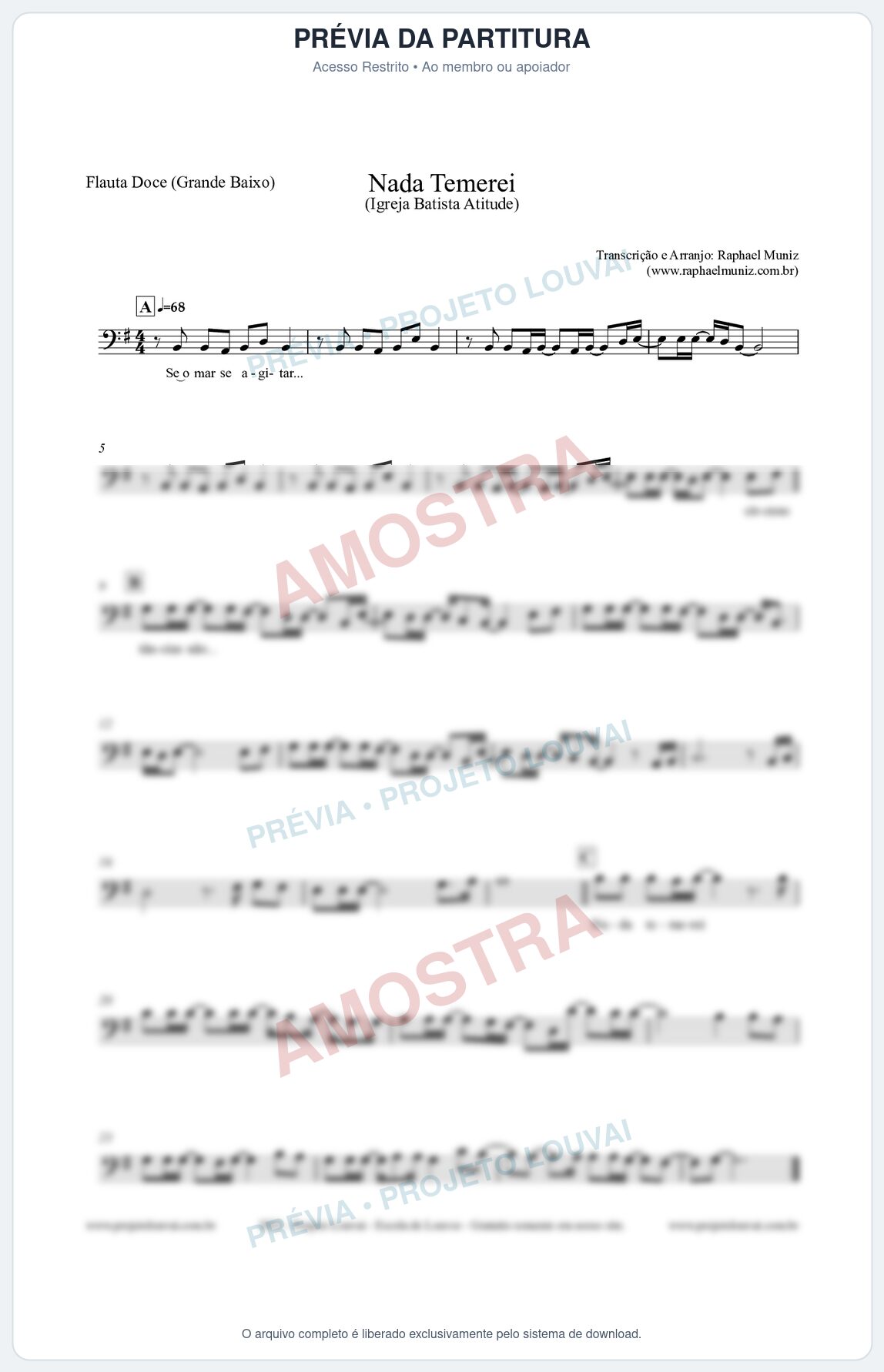 Prévia protegida da primeira página da partitura Partitura para Flauta Doce (Grande Baixo) - Nada Temerei - Igreja Batista Atitude