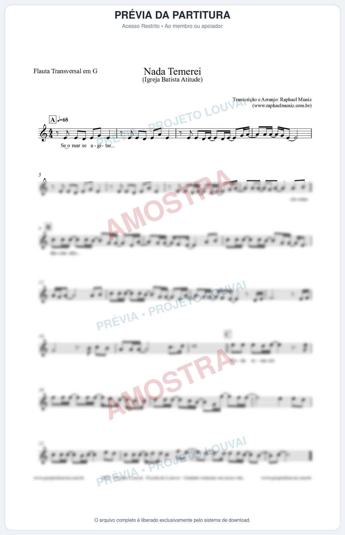 Prévia protegida da primeira página da partitura Partitura para Flauta Transversal em G - Nada Temerei - Igreja Batista Atitude
