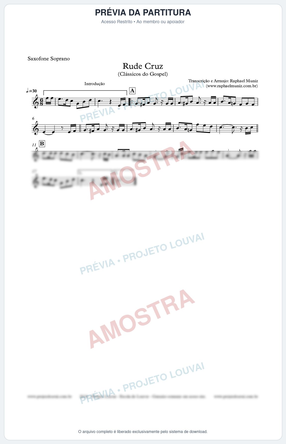 Prévia protegida da primeira página da partitura Partitura para Sax Soprano - Rude Cruz - Clássicos do Gospel