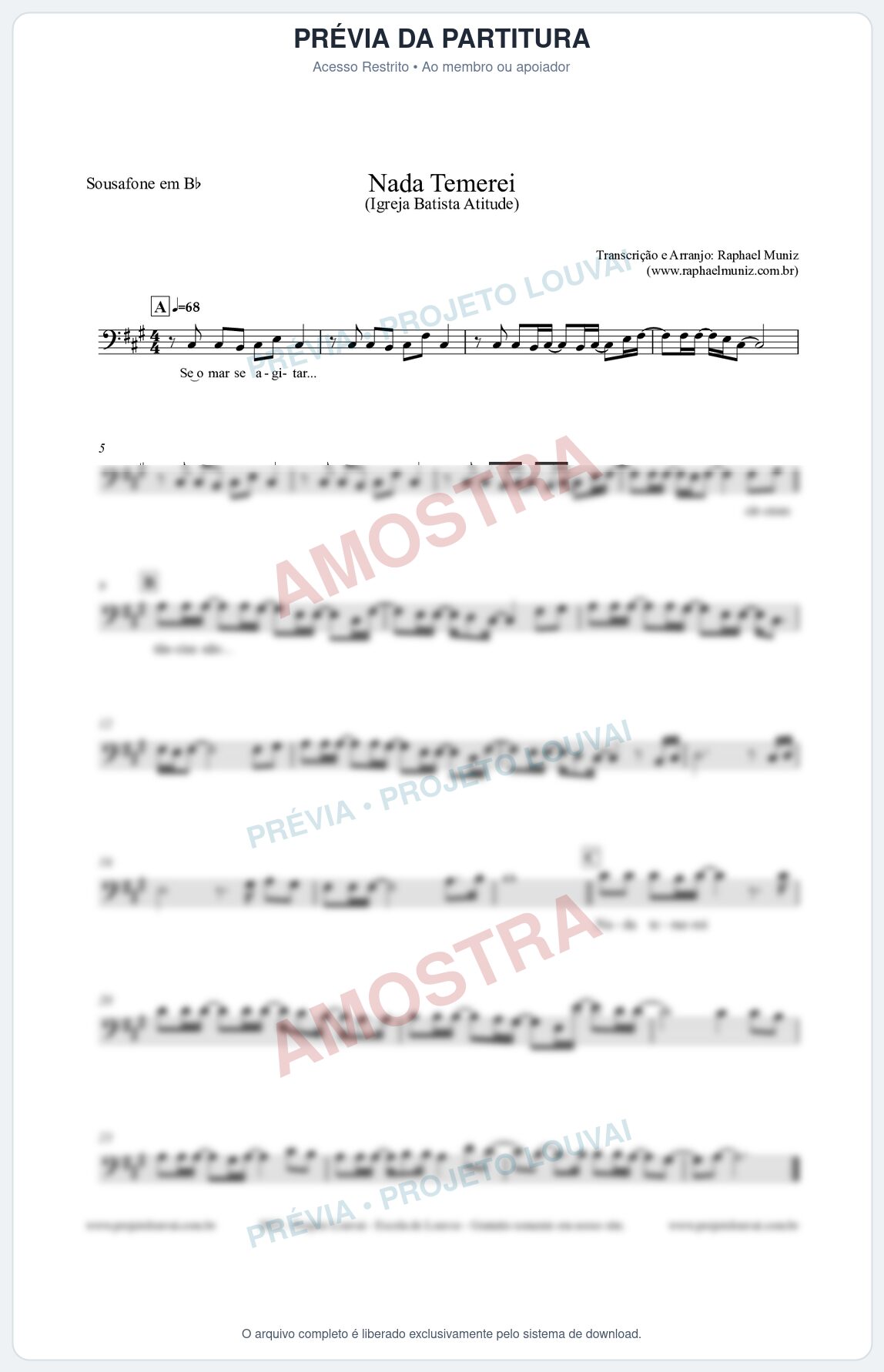 Prévia protegida da primeira página da partitura Partitura para Sousafone em Bb - Nada Temerei - Igreja Batista Atitude