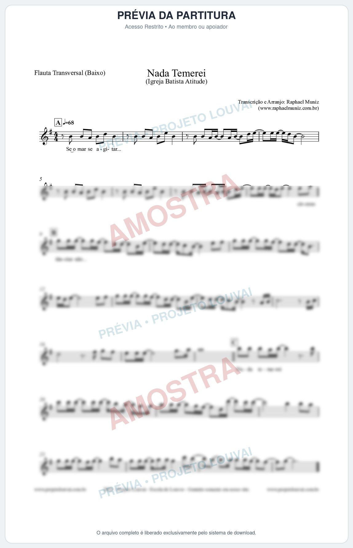Prévia protegida da primeira página da partitura Partitura para Flauta Transversal (Baixo) - Nada Temerei - Igreja Batista Atitude
