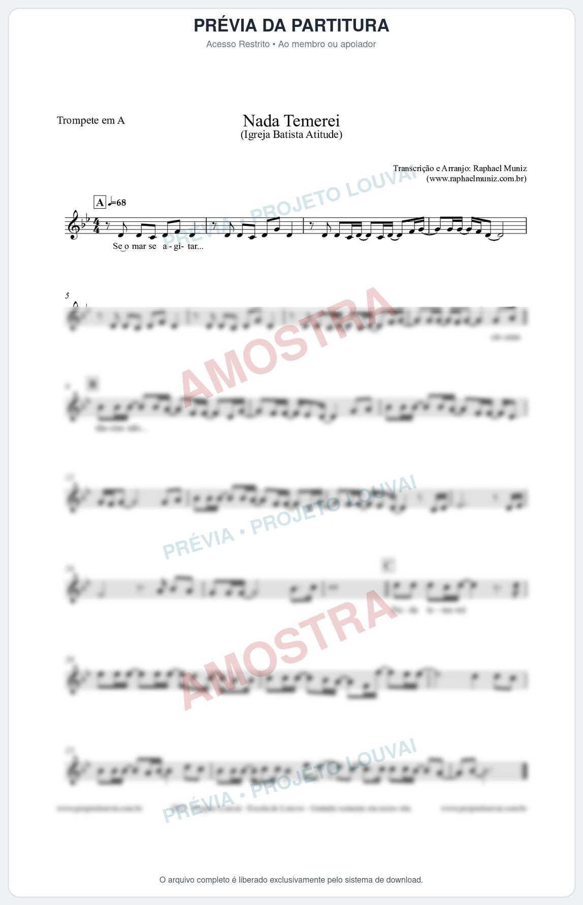 Prévia protegida da primeira página da partitura Partitura para Trompete em A - Nada Temerei - Igreja Batista Atitude