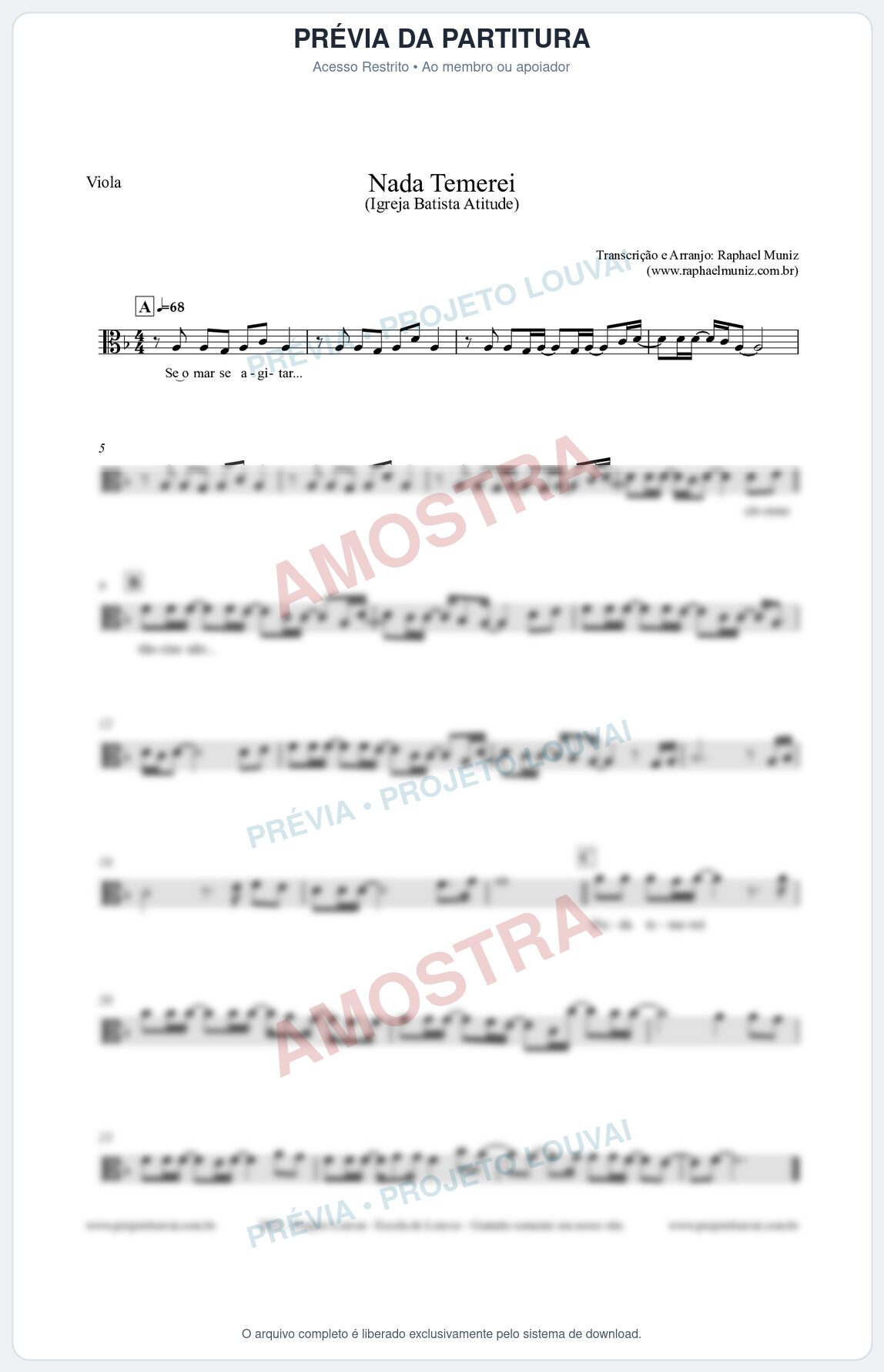 Prévia protegida da primeira página da partitura Partitura para Viola - Nada Temerei - Igreja Batista Atitude