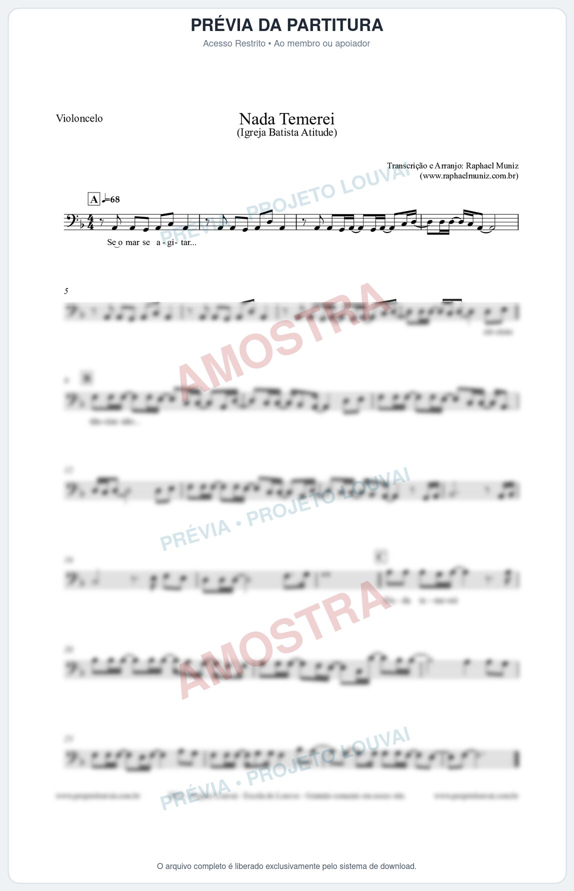 Prévia protegida da primeira página da partitura Partitura para Violoncelo - Nada Temerei - Igreja Batista Atitude
