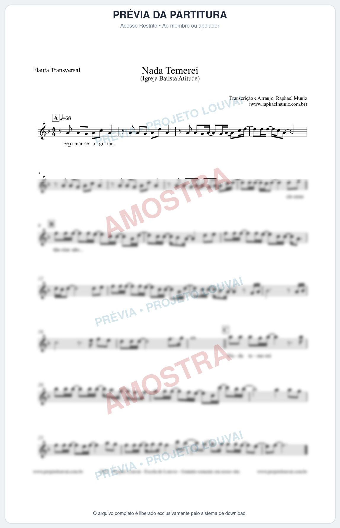 Prévia protegida da primeira página da partitura Partitura para Flauta Transversal - Nada Temerei - Igreja Batista Atitude