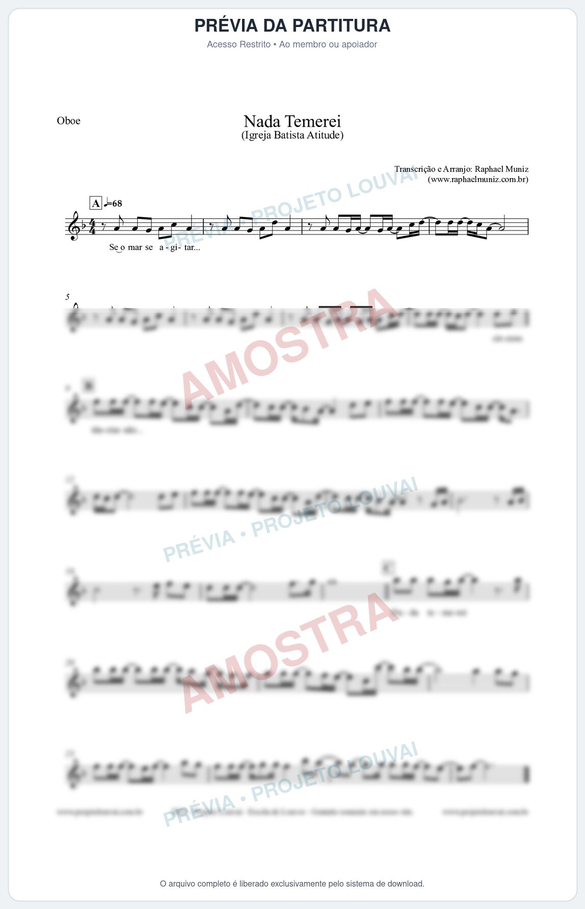 Prévia protegida da primeira página da partitura Partitura para Oboé - Nada Temerei - Igreja Batista Atitude