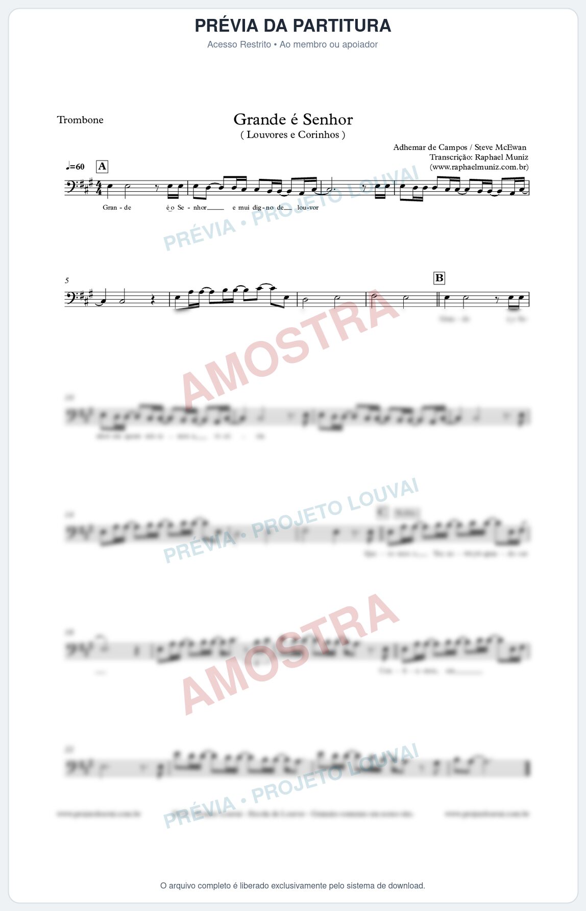 Prévia protegida da primeira página da partitura Partitura para Trombone - Grande é o Senhor - Adhemar de Campos - Louvores e Corinhos