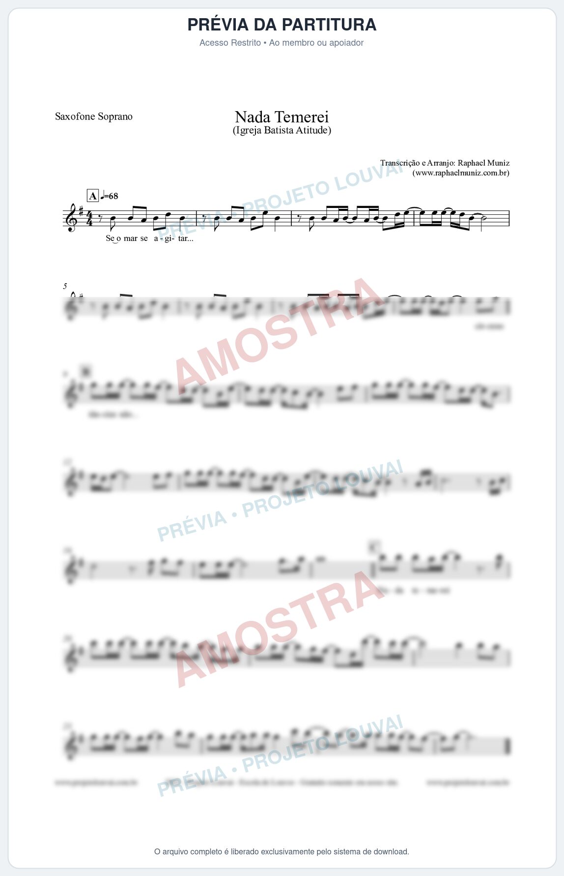 Prévia protegida da primeira página da partitura Partitura para Saxofone Soprano - Nada Temerei - Igreja Batista Atitude