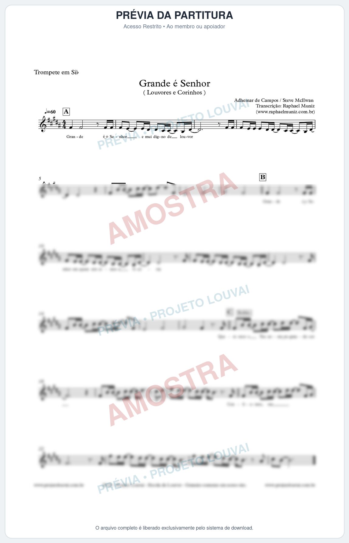 Prévia protegida da primeira página da partitura Partitura para Trompete - Grande é o Senhor - Louvores e Corinhos Gospel