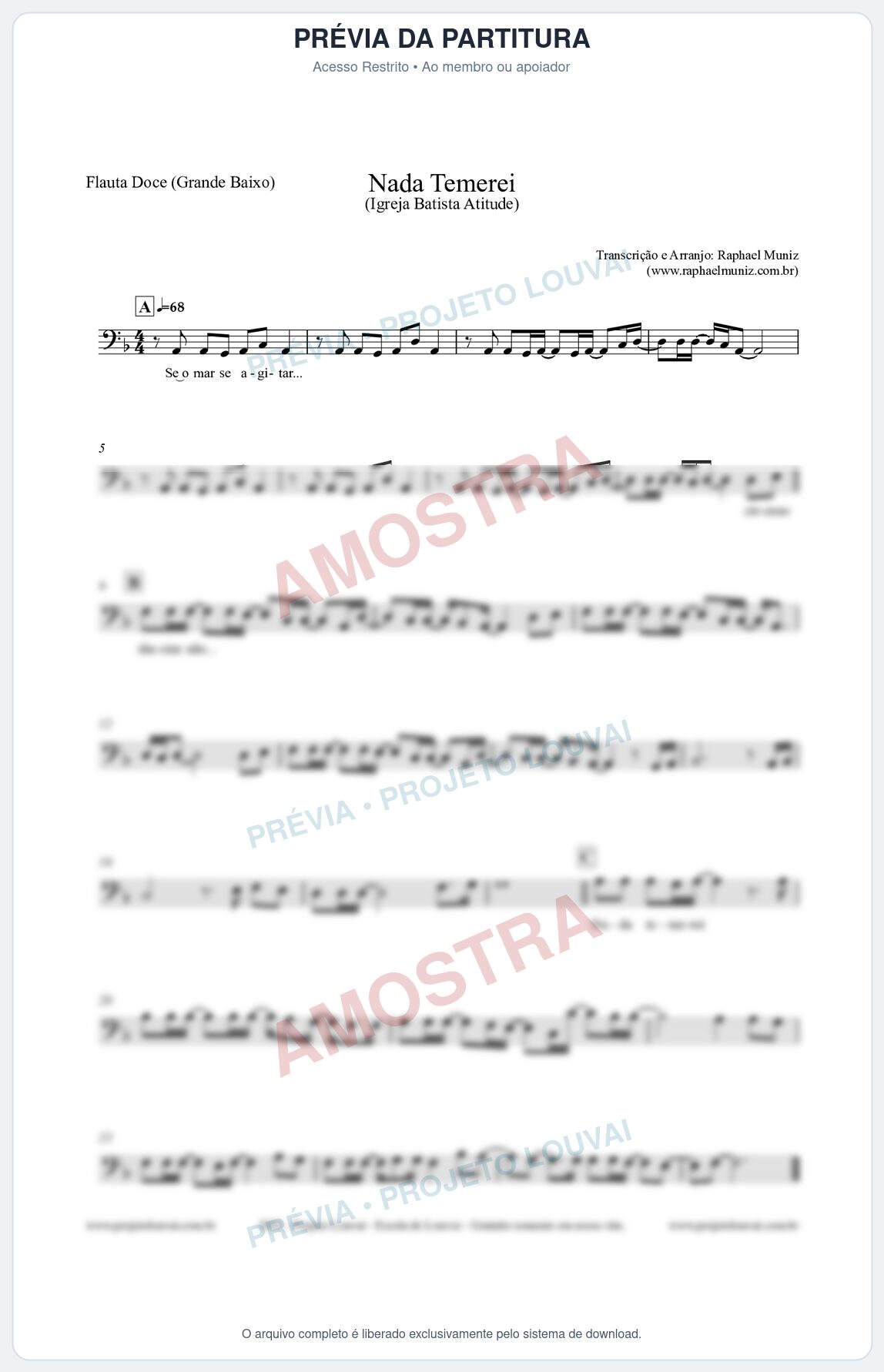 Prévia protegida da primeira página da partitura Partitura para Flauta Doce (Grande Baixo) - Nada Temerei - Igreja Batista Atitude