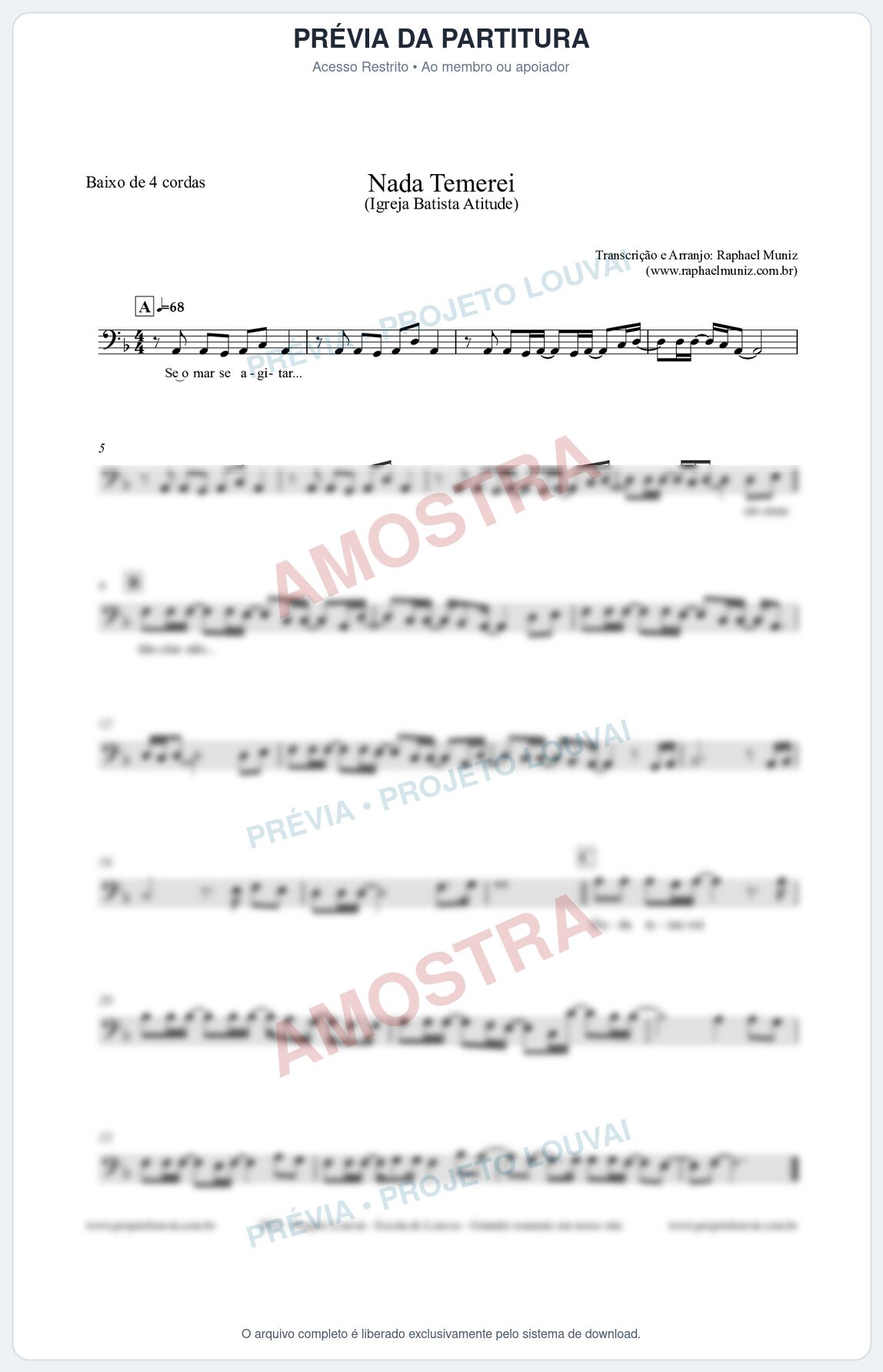 Prévia protegida da primeira página da partitura Partitura para Baixo de 4 cordas - Nada Temerei - Igreja Batista Atitude