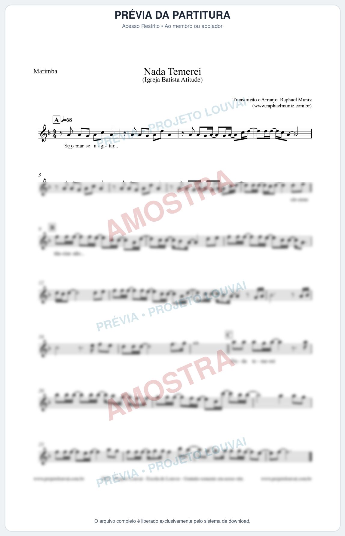 Prévia protegida da primeira página da partitura Partitura para Marimba - Nada Temerei - Igreja Batista Atitude