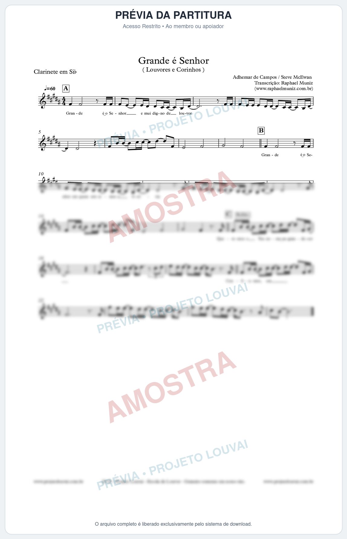 Prévia protegida da primeira página da partitura Partitura para Clarinete - Grande é o Senhor - Louvores e Corinhos Gospel