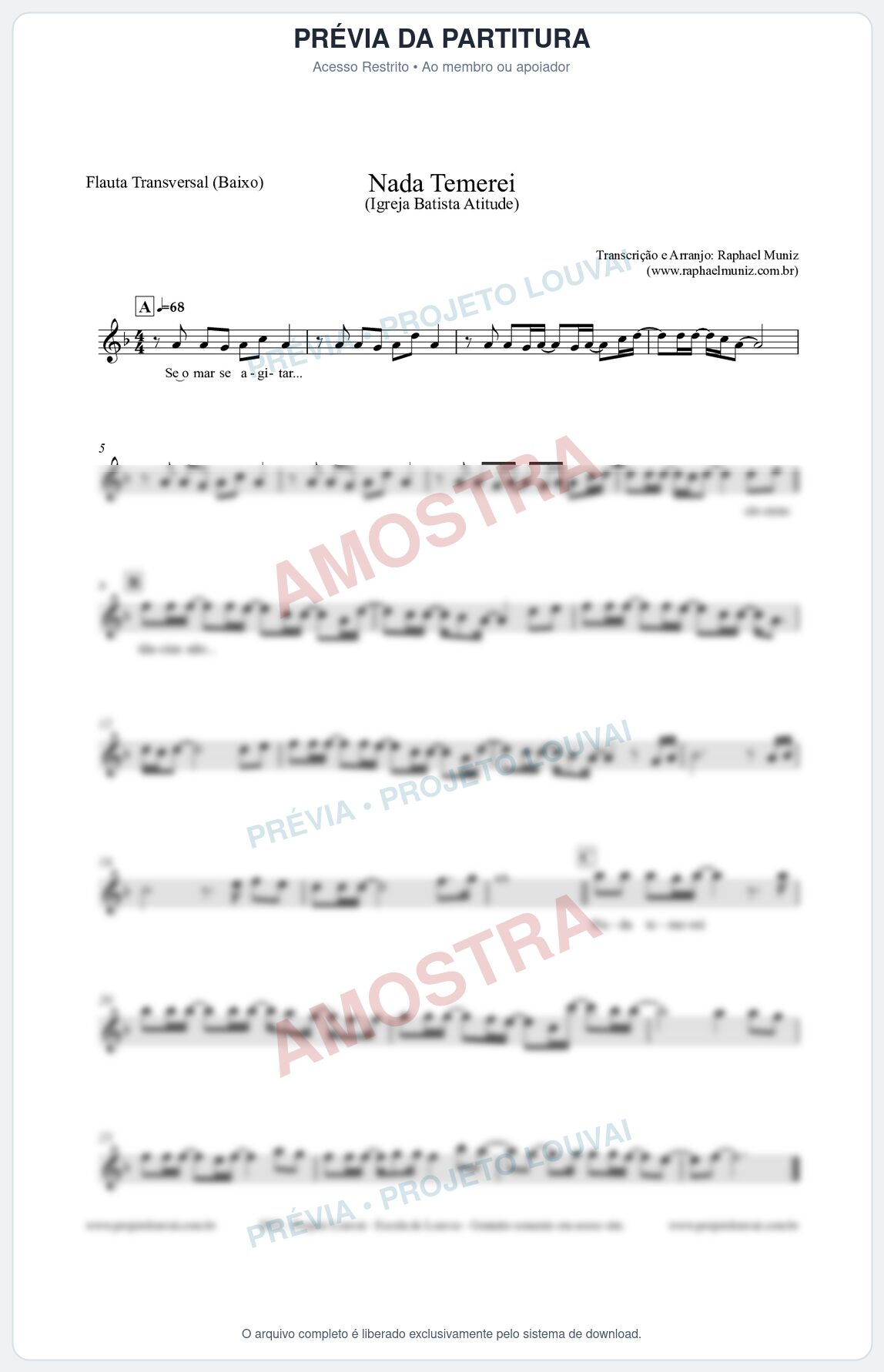 Prévia protegida da primeira página da partitura Partitura para Flauta Transversal (Baixo) - Nada Temerei - Igreja Batista Atitude