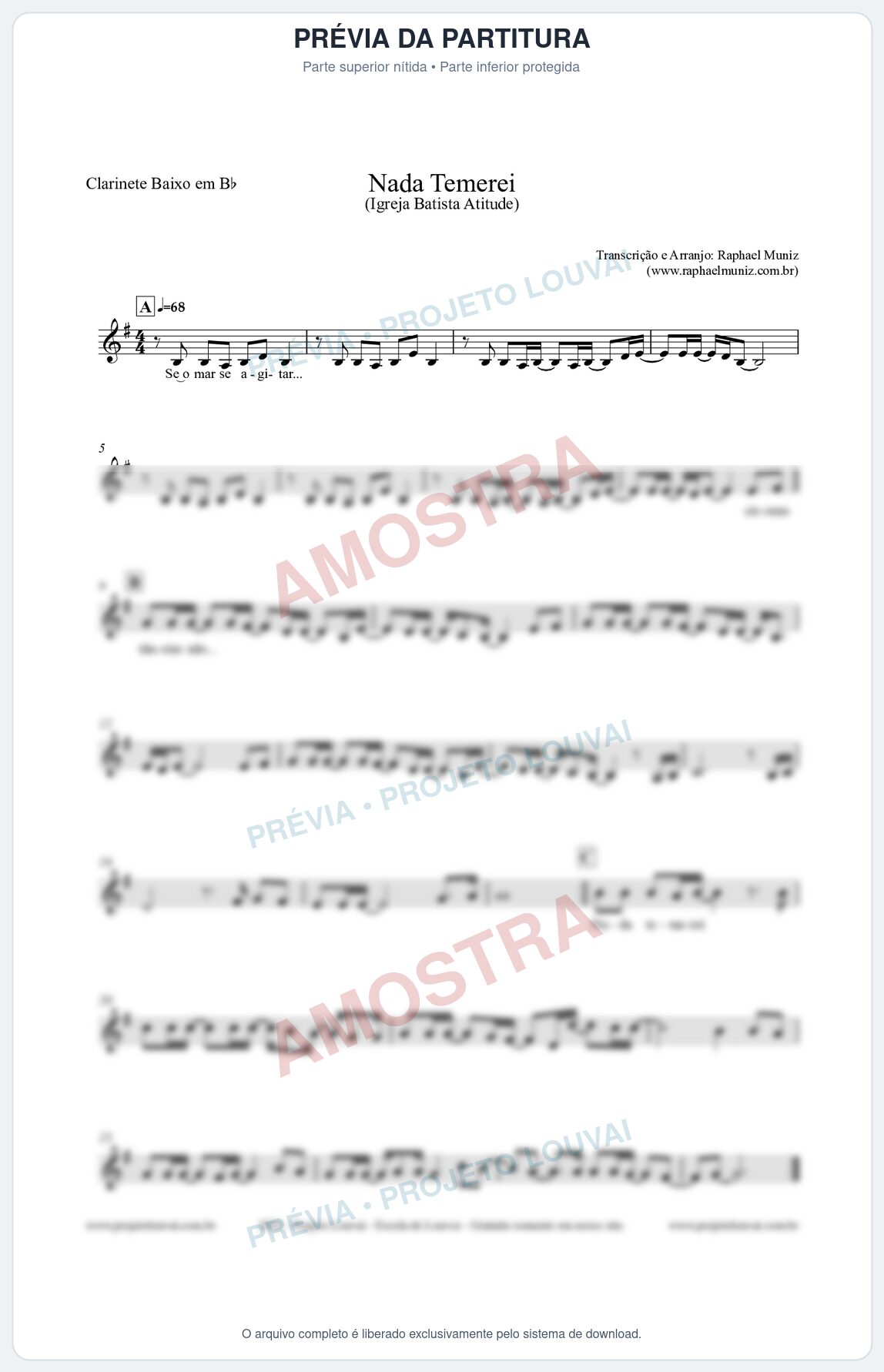 Prévia protegida da primeira página da partitura Partitura para Clarinete Baixo em Bb - Nada Temerei - Igreja Batista Atitude