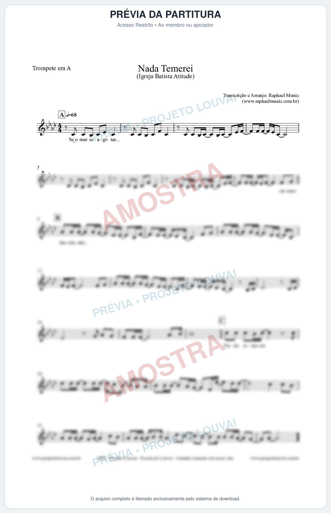 Prévia protegida da primeira página da partitura Partitura para Trompete em A - Nada Temerei - Igreja Batista Atitude