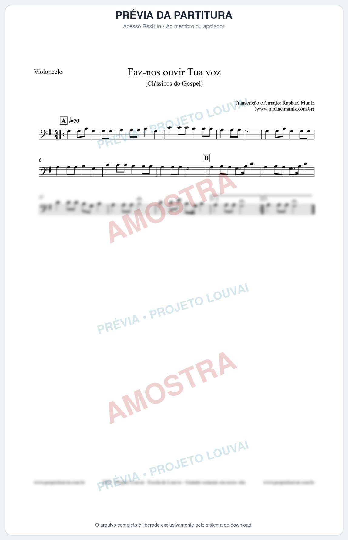 Prévia protegida da primeira página da partitura Partitura para Violoncelo - Faz-nos ouvir Tua voz - CCB nº3 - Clássicos do Gospel