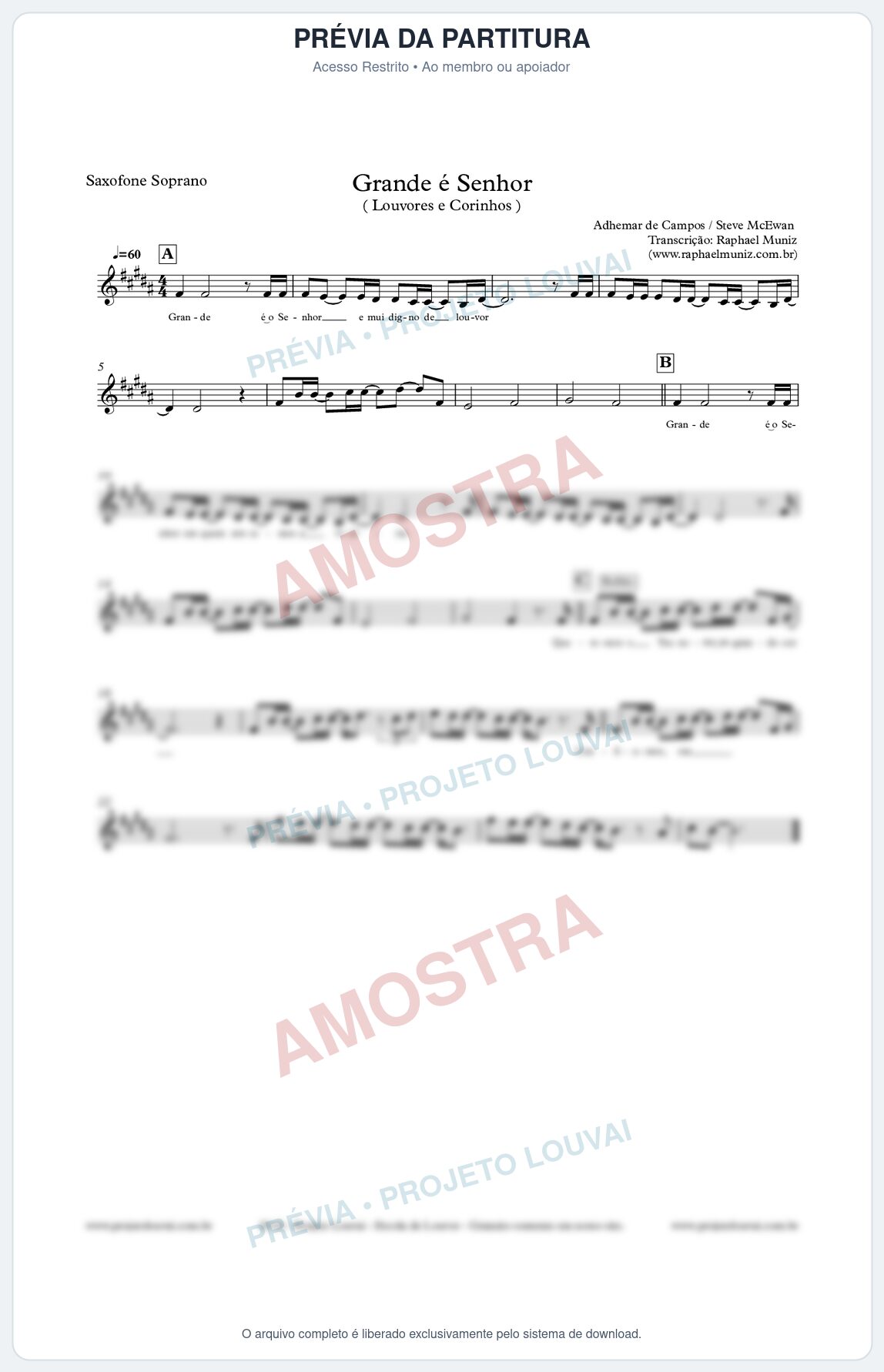 Prévia protegida da primeira página da partitura Partitura para Sax Soprano - Grande é o Senhor - Adhemar de Campos - Louvores e Corinhos