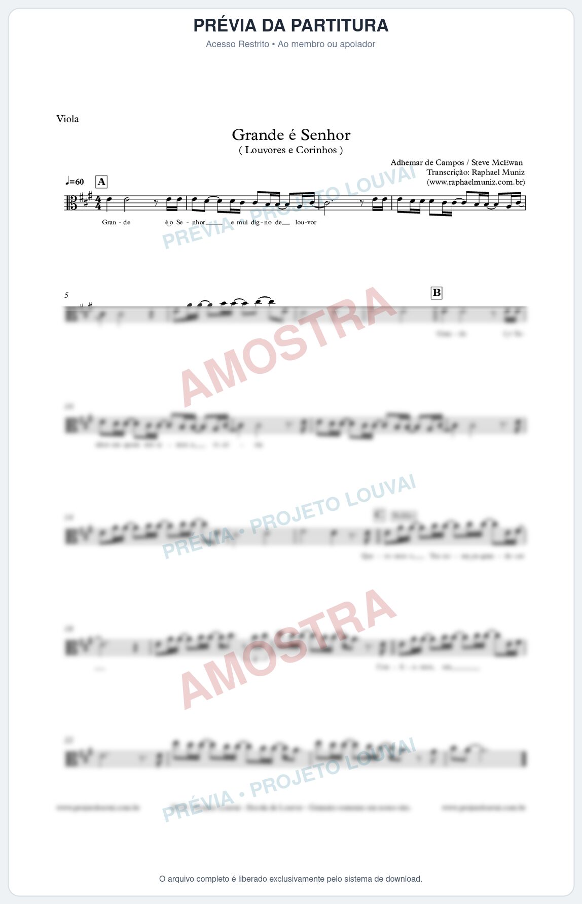 Prévia protegida da primeira página da partitura Partitura para Viola - Grande é o Senhor - Louvores e Corinhos Gospel