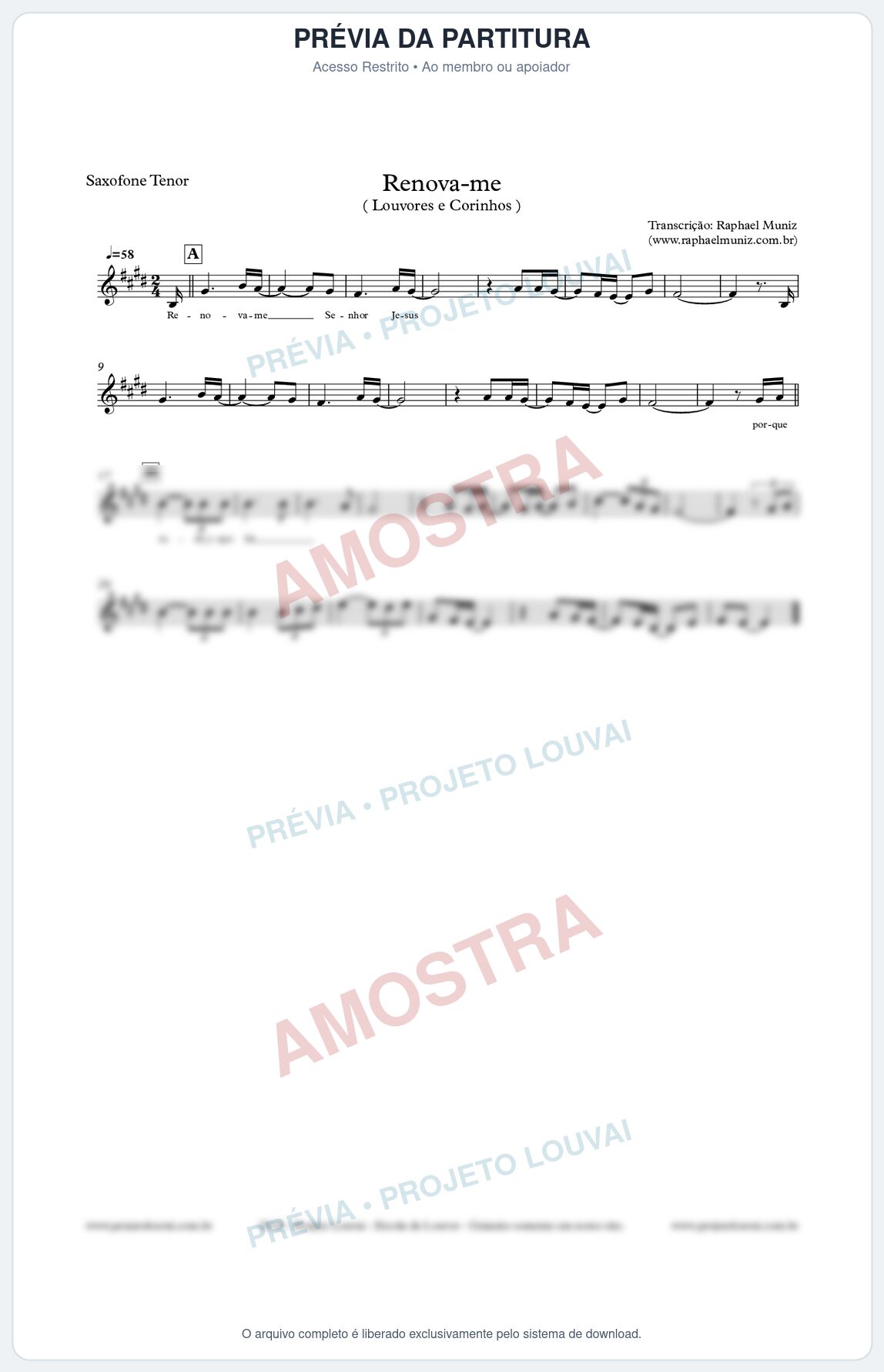 Prévia protegida da primeira página da partitura Partitura para Sax Tenor - Renova-me - Louvores e Corinhos Gospel