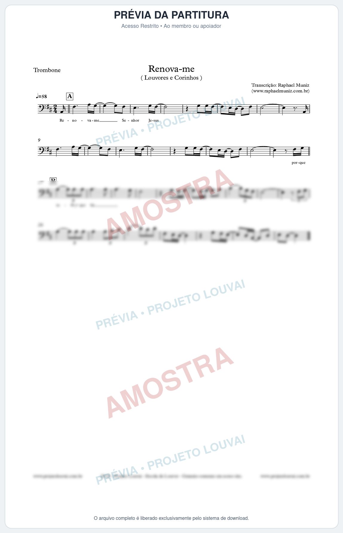 Prévia protegida da primeira página da partitura Partitura para Trombone - Renova-me - Louvores e Corinhos Gospel