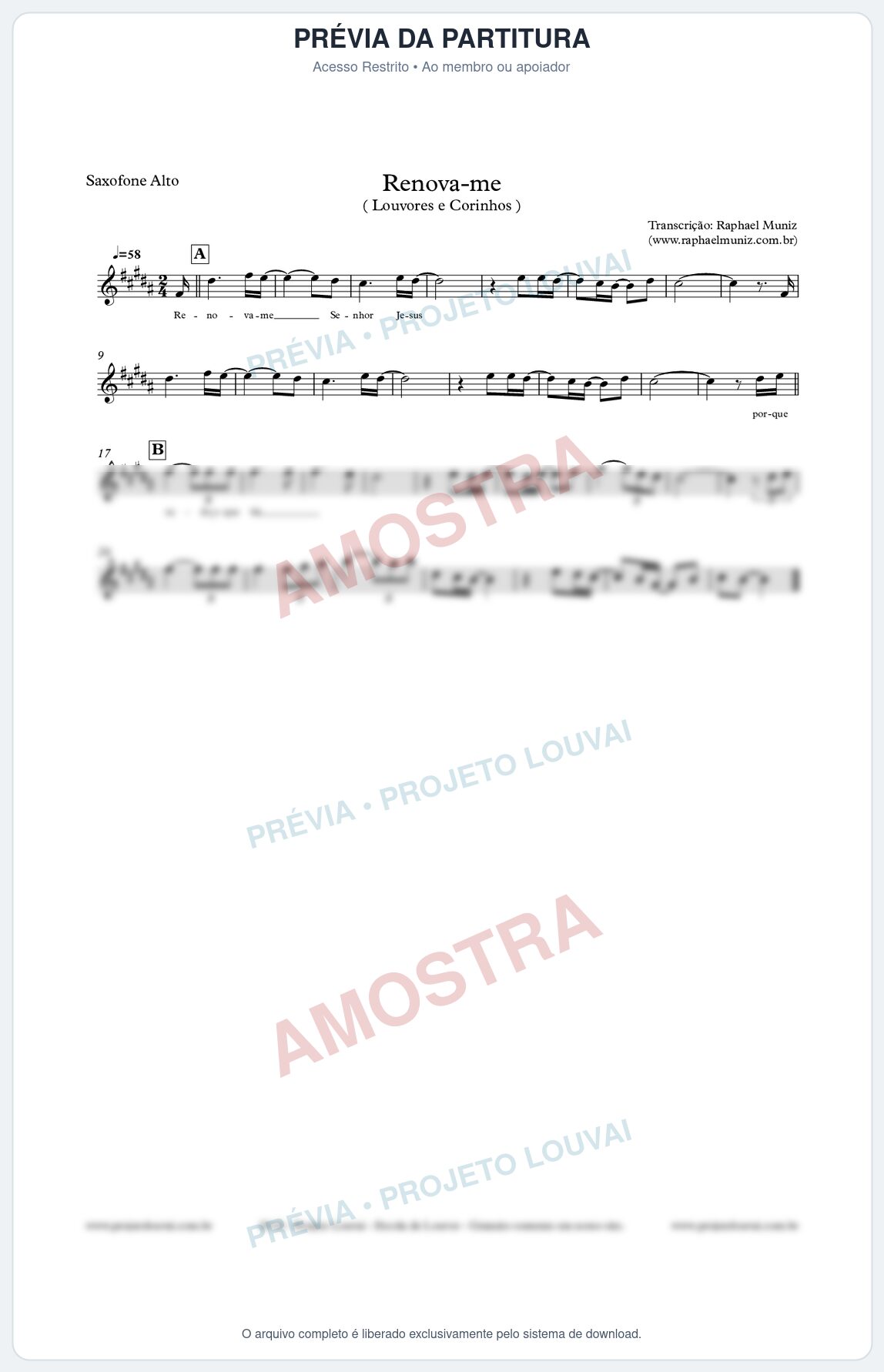 Prévia protegida da primeira página da partitura Partitura para Sax Alto - Renova-me - Louvores e Corinhos Gospel