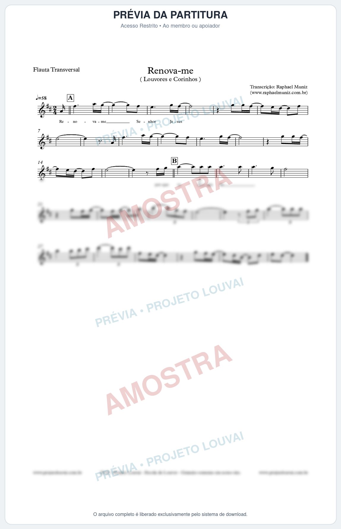 Prévia protegida da primeira página da partitura Partitura para Flauta Transversal - Renova-me - Louvores e Corinhos Gospel