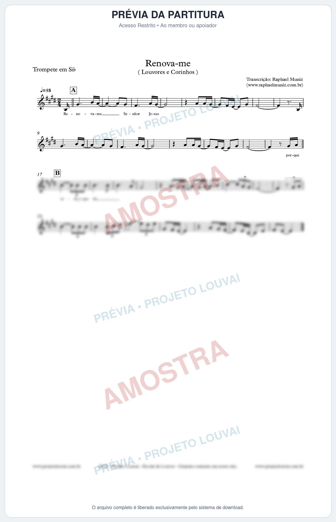 Prévia protegida da primeira página da partitura Partitura para Trompete - Renova-me - Louvores e Corinhos Gospel