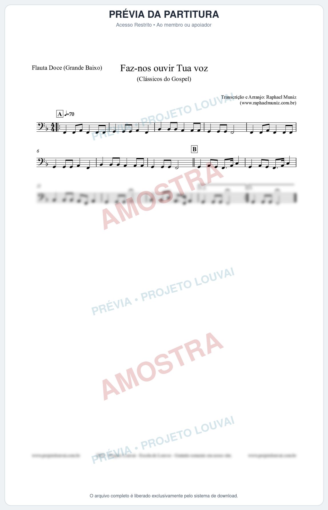 Prévia protegida da primeira página da partitura Partitura para Flauta Doce (Grande Baixo) - Faz-nos ouvir Tua voz - CCB nº3 - Clássicos do Gospel