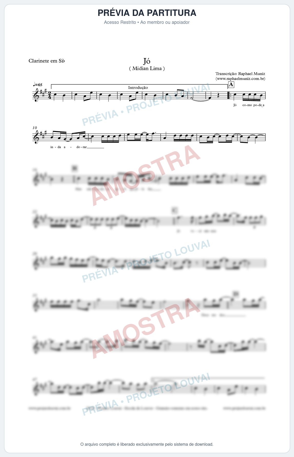 Prévia protegida da primeira página da partitura Partitura para Clarinete - Jó - Midian Lima