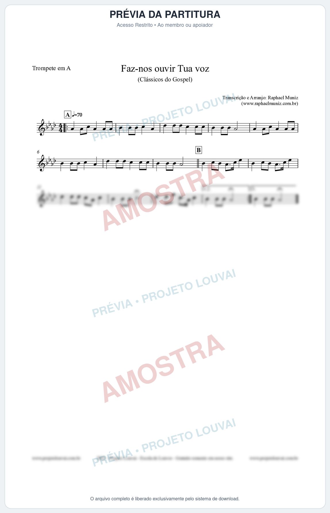Prévia protegida da primeira página da partitura Partitura para Trompete em A - Faz-nos ouvir Tua voz - CCB nº3 - Clássicos do Gospel