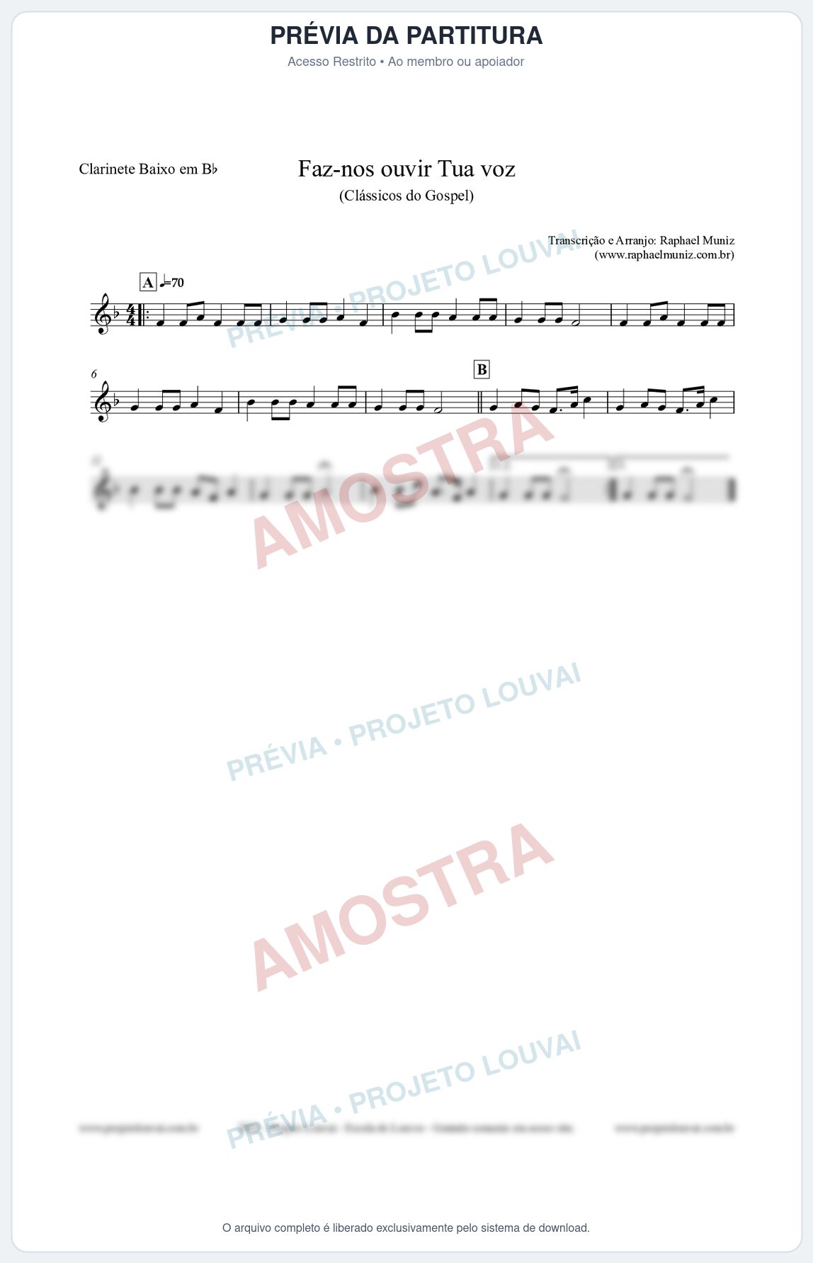Prévia protegida da primeira página da partitura Partitura para Clarinete Baixo em Bb - Faz-nos ouvir Tua voz - CCB nº3 - Clássicos do Gospel