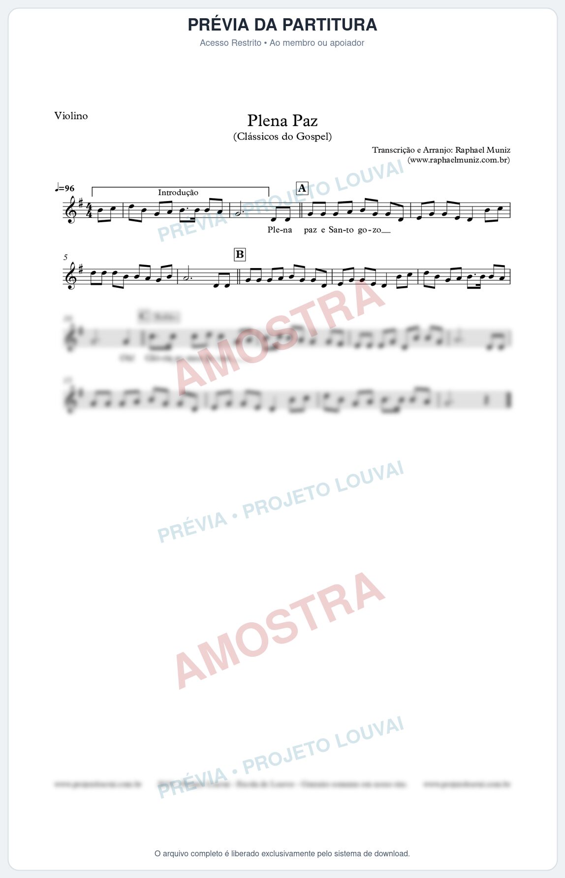 Prévia protegida da primeira página da partitura Partitura para Violino - Plena Paz - Harpa Cristã nº3 - Clássicos do Gospel