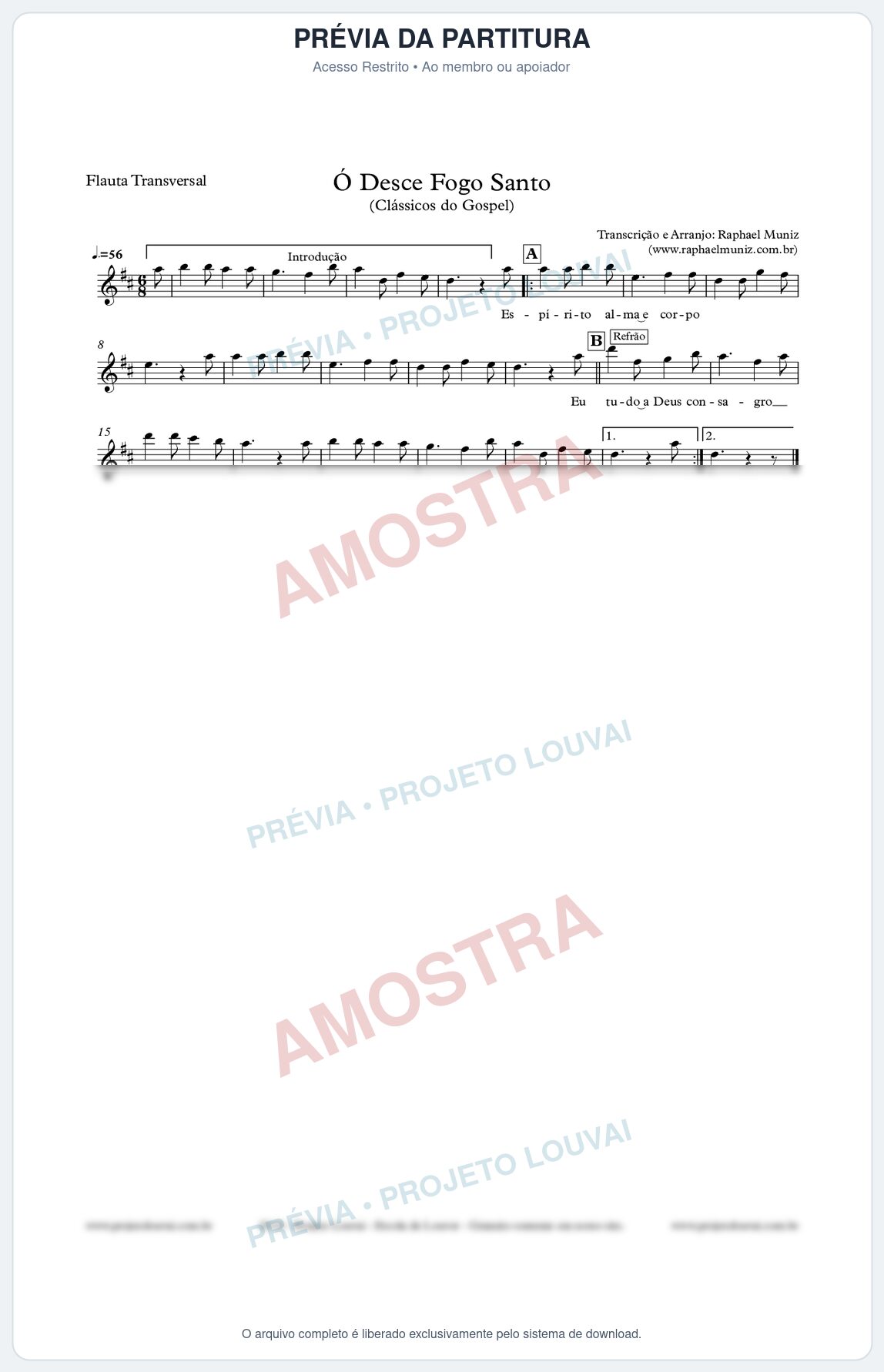 Prévia protegida da primeira página da partitura Partitura para Flauta Transversal - Ó Desce Fogo Santo - Harpa Cristã nº 5 - Clássicos do Gospel