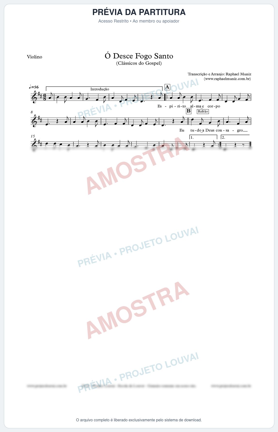 Prévia protegida da primeira página da partitura Partitura para Violino - Ó Desce Fogo Santo - Harpa Cristã nº 5 - Clássicos do Gospel