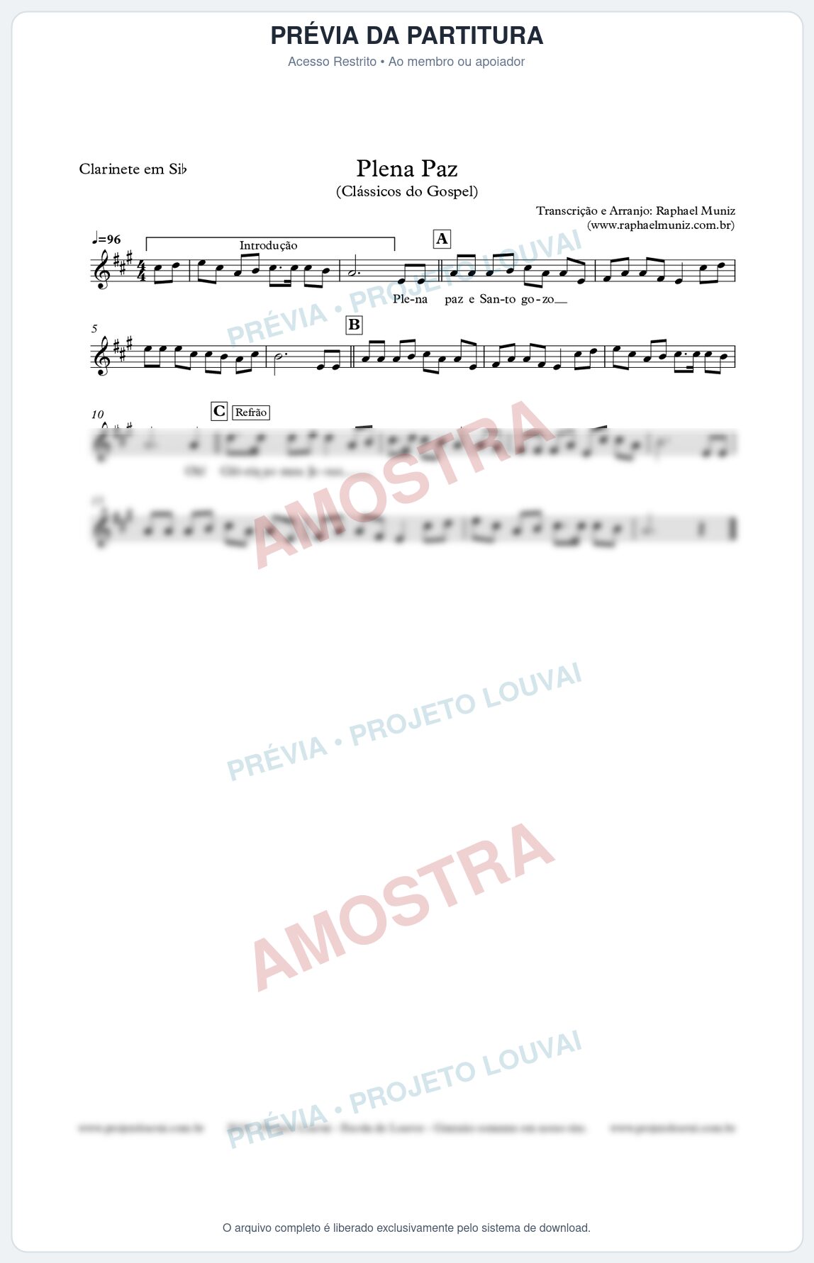 Prévia protegida da primeira página da partitura Partitura para Clarinete - Plena Paz - Harpa Cristã nº3 - Clássicos do Gospel