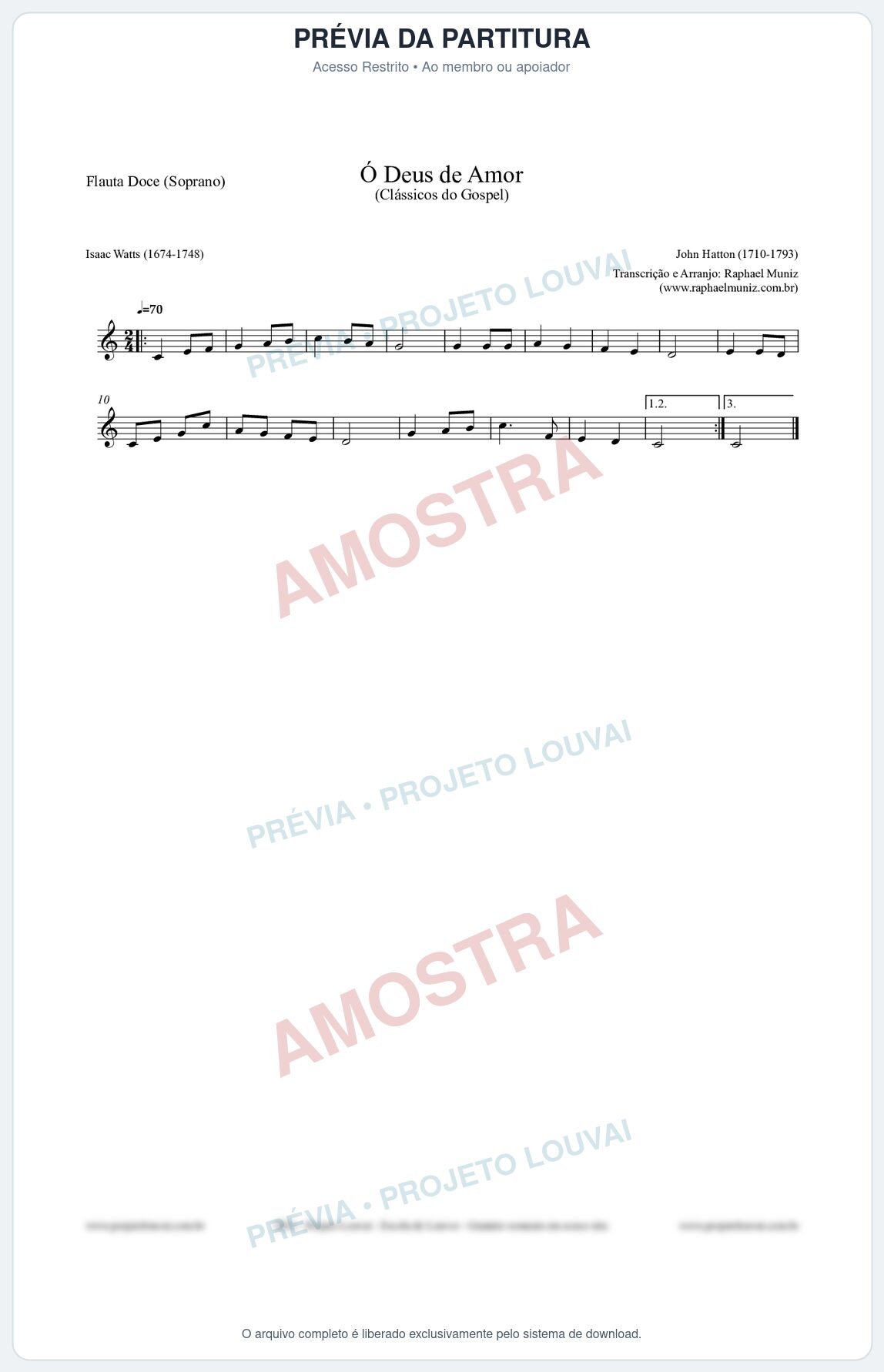Prévia protegida da primeira página da partitura Partitura para Flauta Doce (Soprano) - Ó Deus de Amor - HA nº1 - Clássicos do Gospel