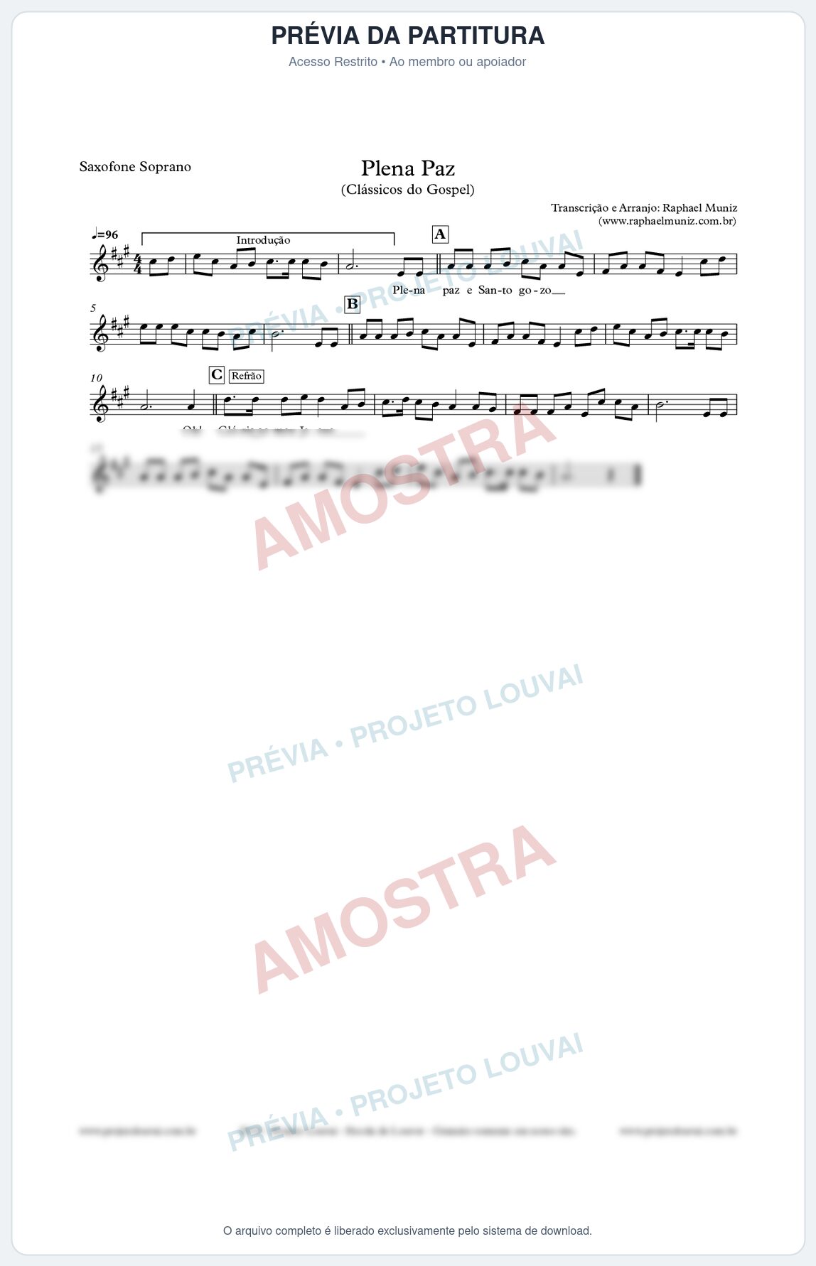 Prévia protegida da primeira página da partitura Partitura para Sax Soprano - Plena Paz - Harpa Cristã nº3 - Clássicos do Gospel