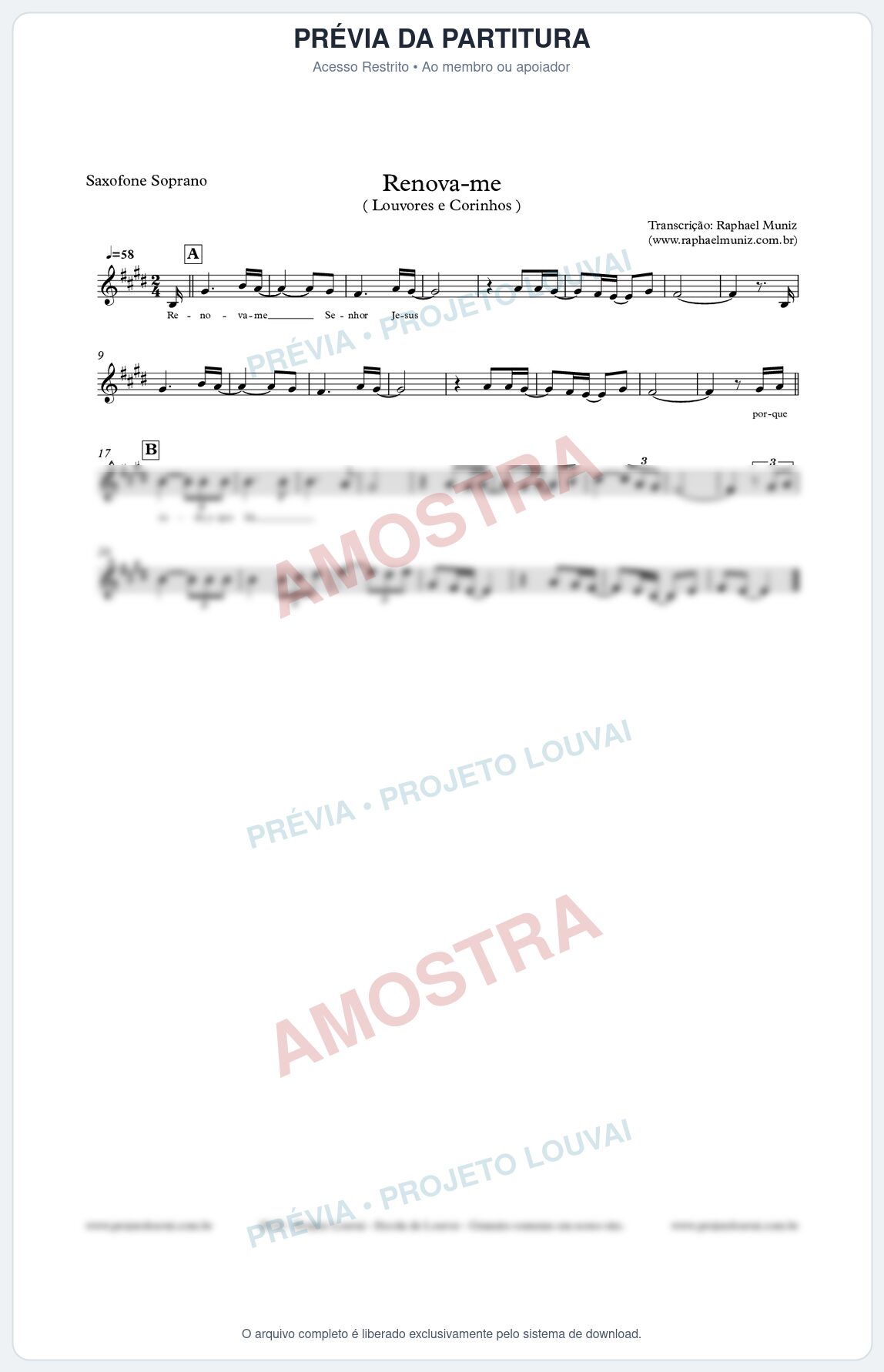 Prévia protegida da primeira página da partitura Partitura para Sax Soprano - Renova-me - Louvores e Corinhos Gospel